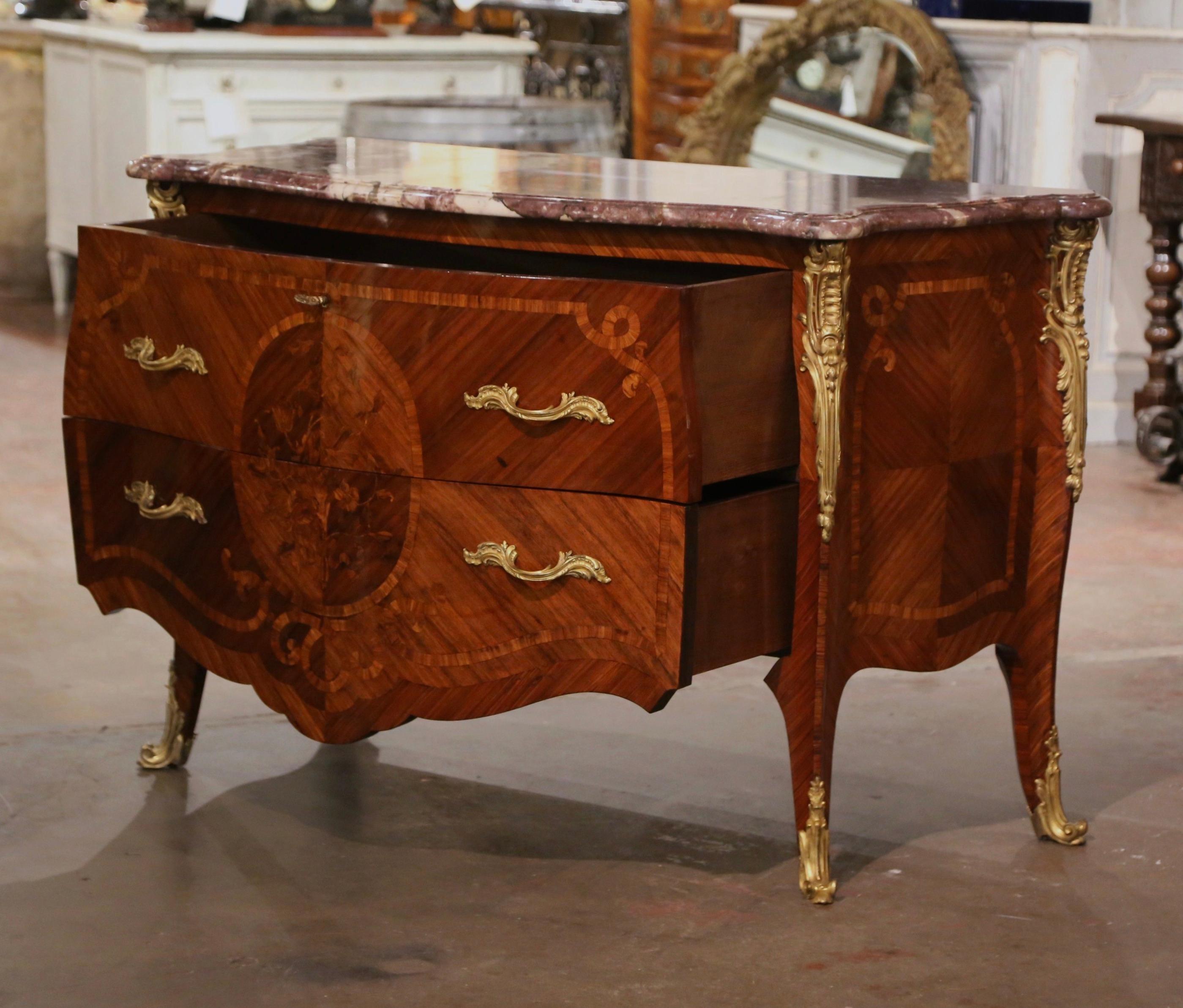 Early 20th Century Louis XV Marble Top Marquetry & Ormolu Bombe Chest of Drawers For Sale 5