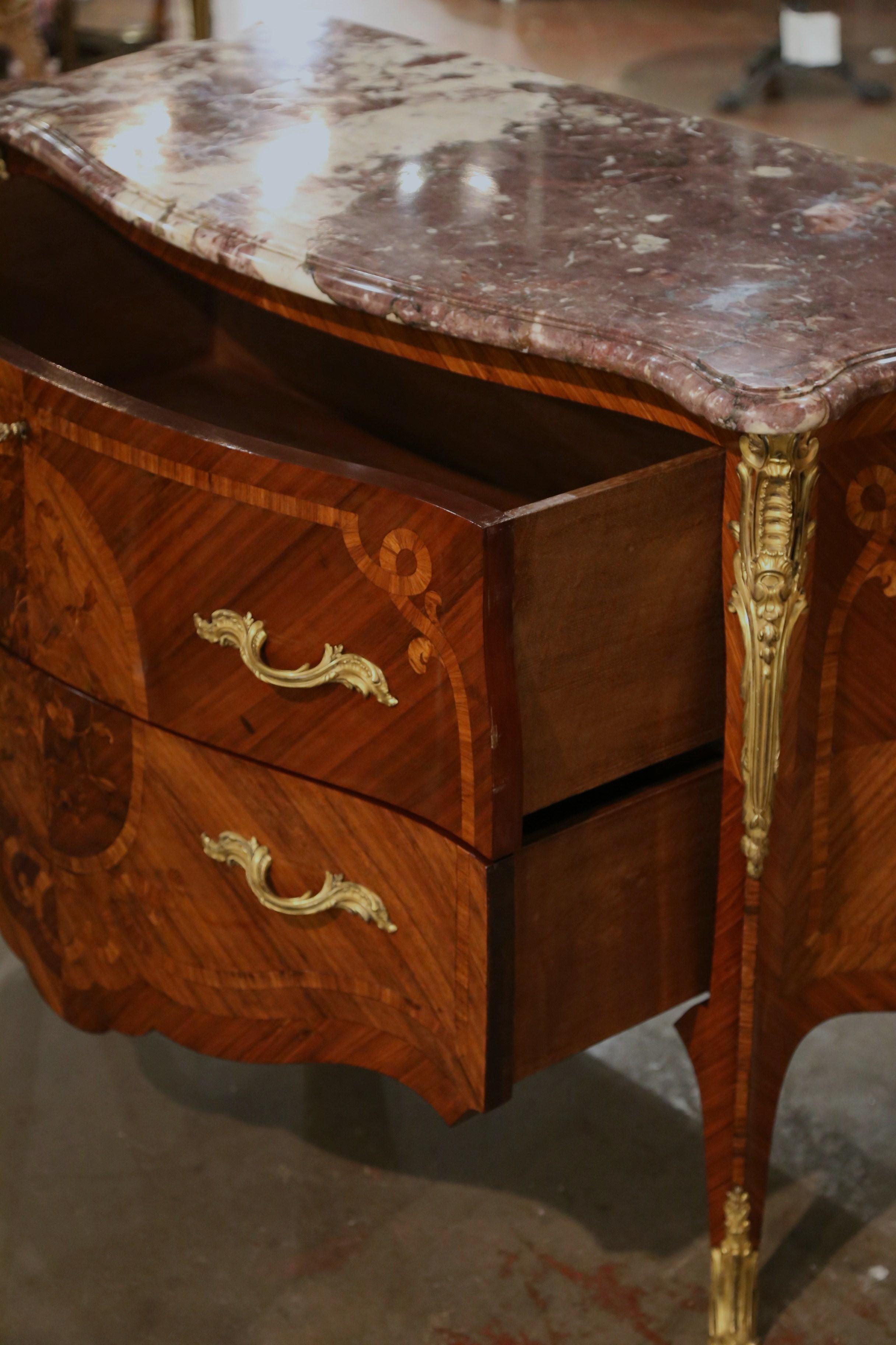 Early 20th Century Louis XV Marble Top Marquetry & Ormolu Bombe Chest of Drawers For Sale 6