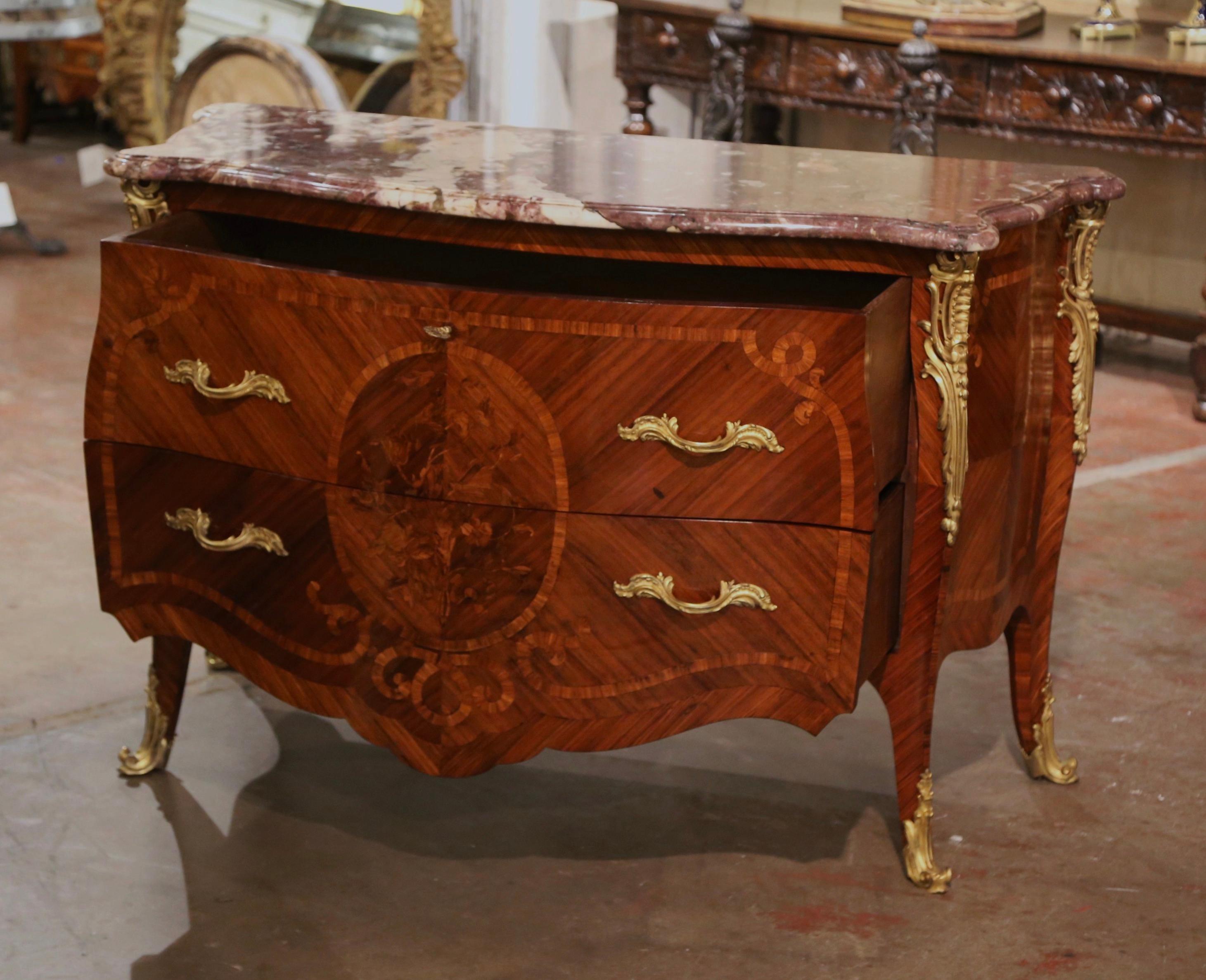 Early 20th Century Louis XV Marble Top Marquetry & Ormolu Bombe Chest of Drawers For Sale 7