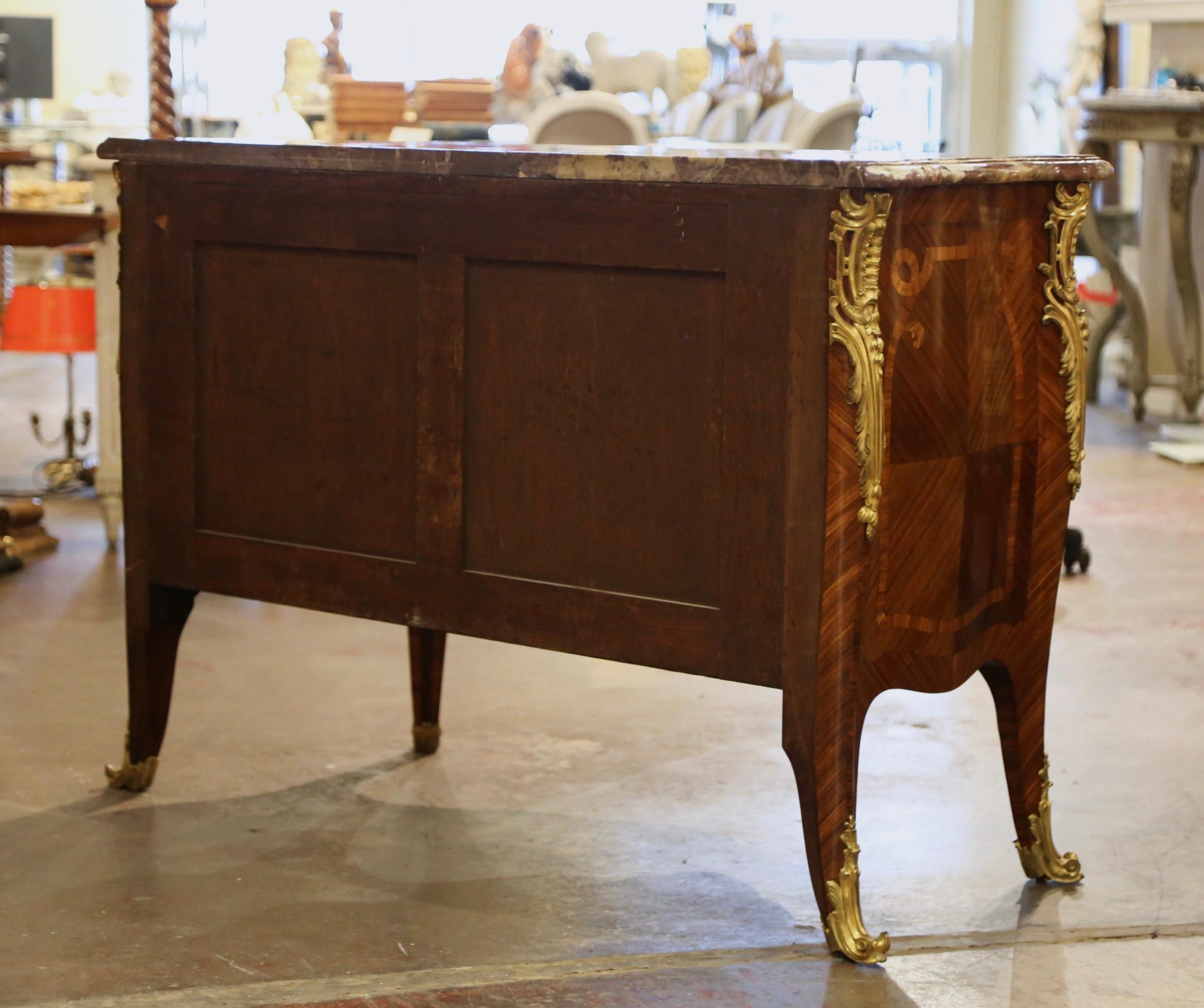 Early 20th Century Louis XV Marble Top Marquetry & Ormolu Bombe Chest of Drawers For Sale 8