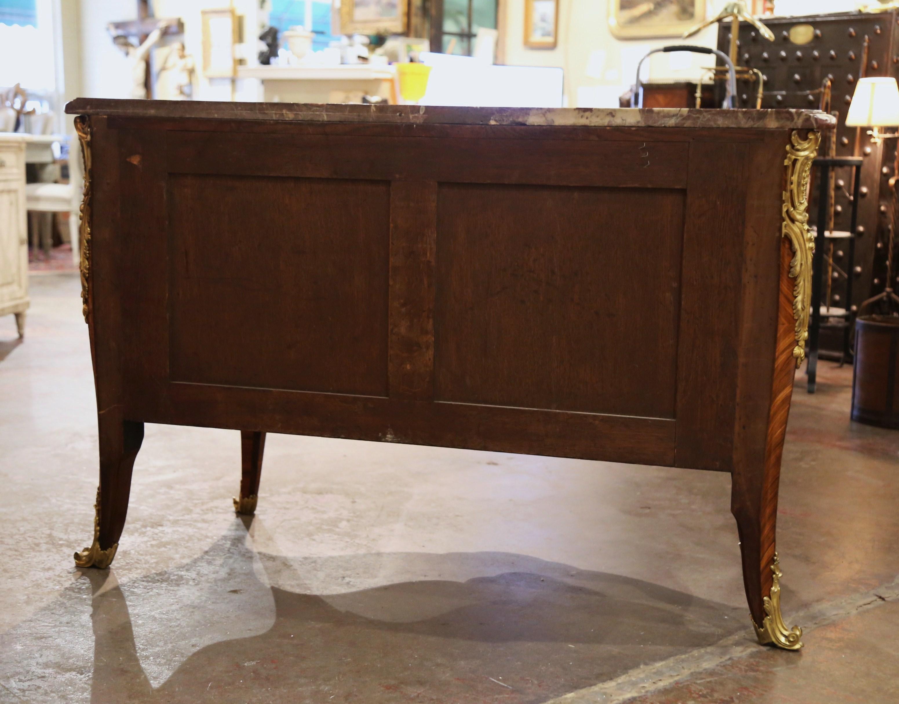 Early 20th Century Louis XV Marble Top Marquetry & Ormolu Bombe Chest of Drawers For Sale 9