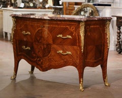 Early 20th C. French Louis XV Marquetry Commode with Rouge Royale Marble Top