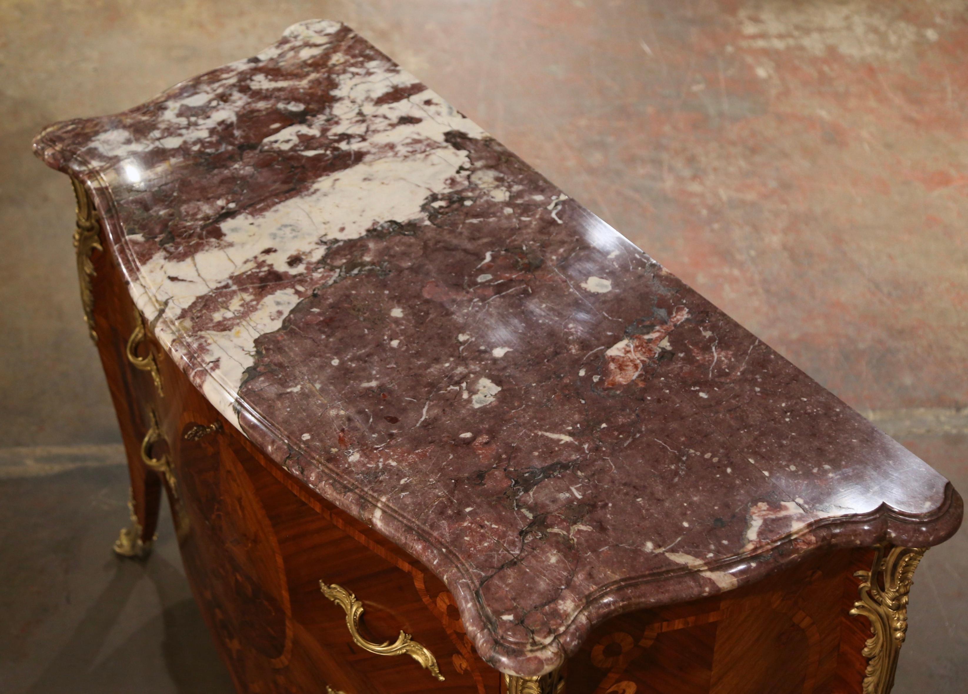 French Early 20th Century Louis XV Marble Top Marquetry & Ormolu Bombe Chest of Drawers For Sale