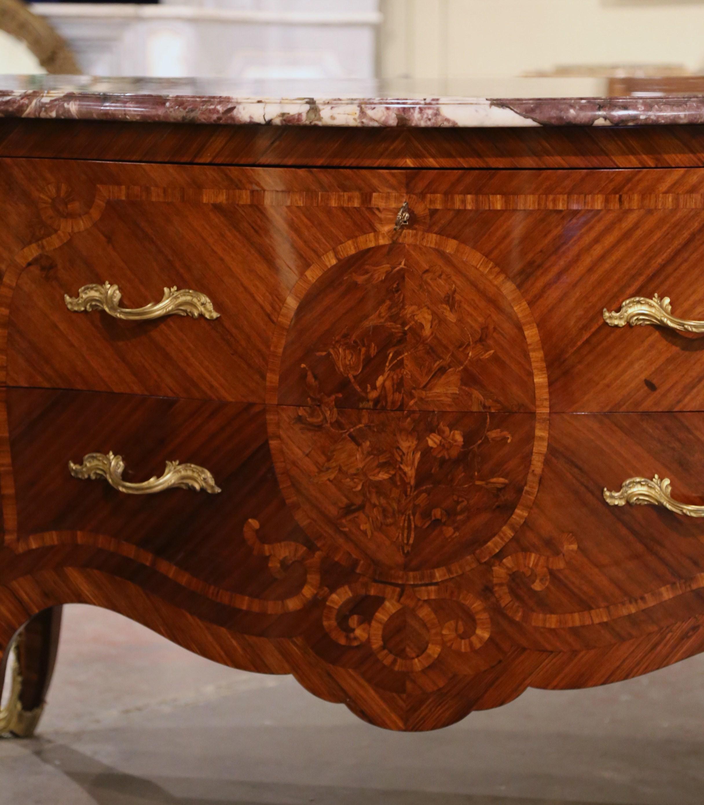 Hand-Crafted Early 20th Century Louis XV Marble Top Marquetry & Ormolu Bombe Chest of Drawers For Sale