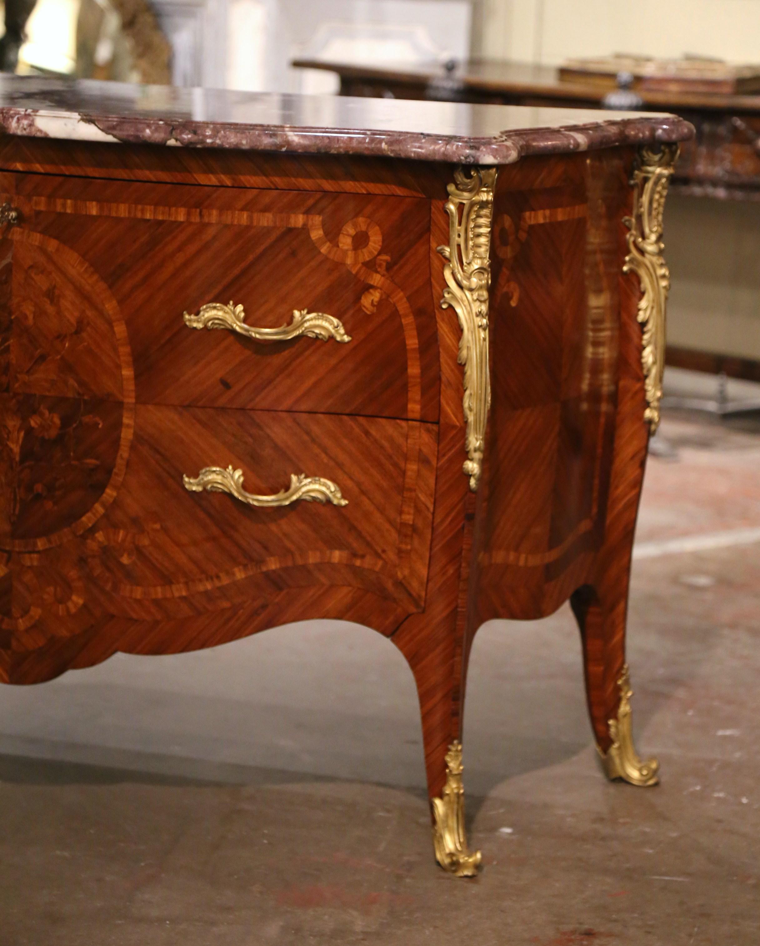 Early 20th Century Louis XV Marble Top Marquetry & Ormolu Bombe Chest of Drawers In Excellent Condition For Sale In Dallas, TX