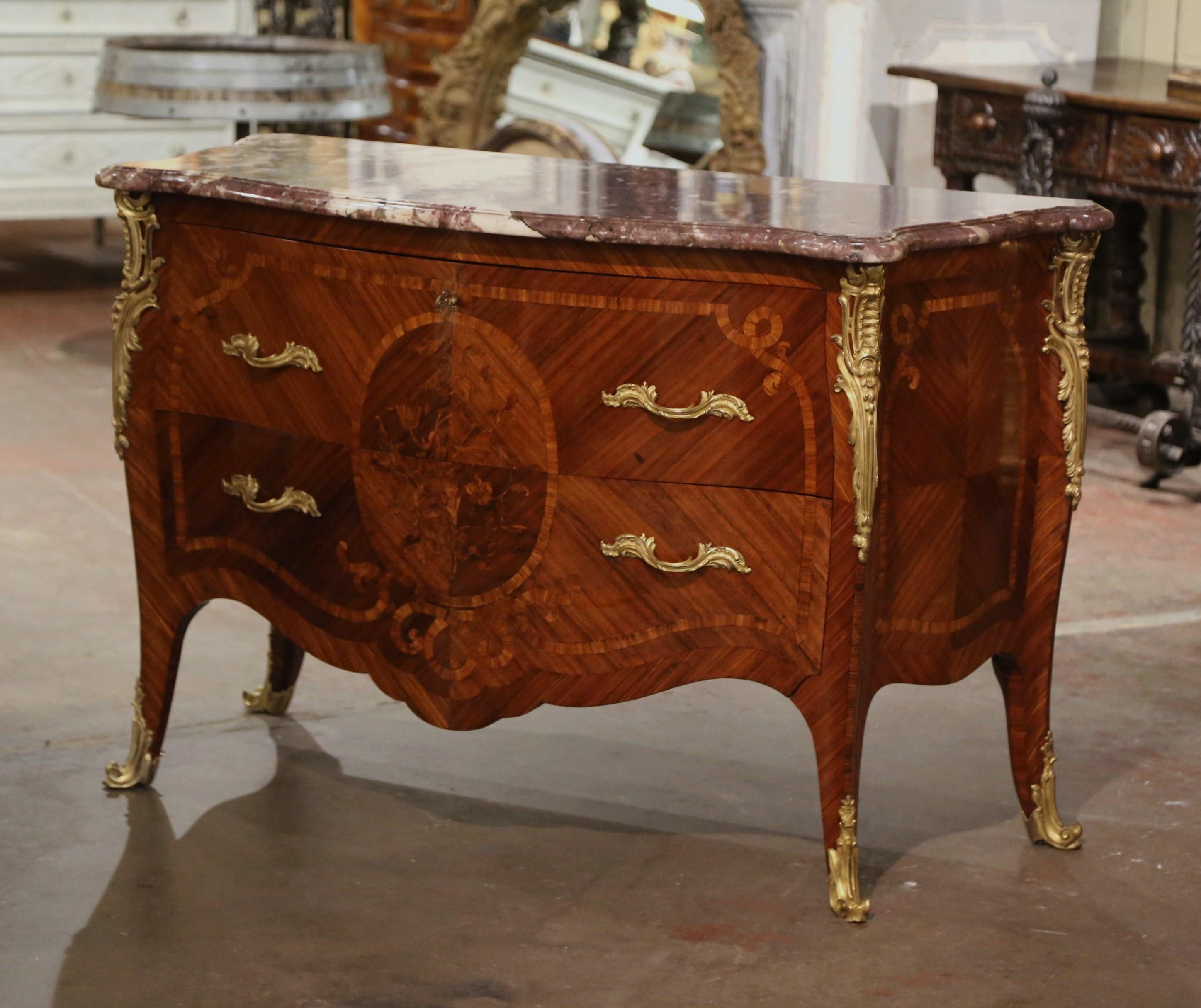 Bronze Early 20th Century Louis XV Marble Top Marquetry & Ormolu Bombe Chest of Drawers For Sale