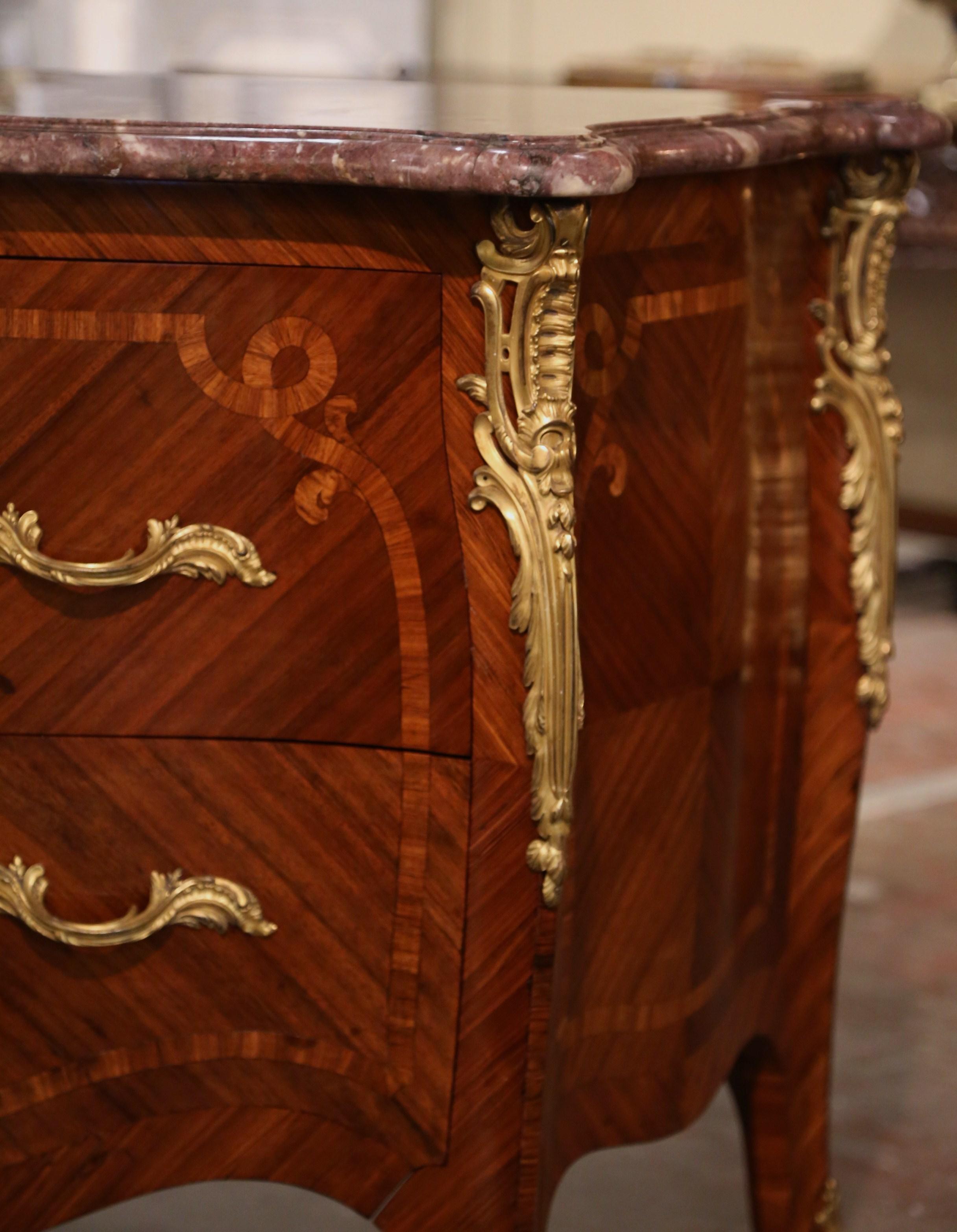 Early 20th Century Louis XV Marble Top Marquetry & Ormolu Bombe Chest of Drawers For Sale 1