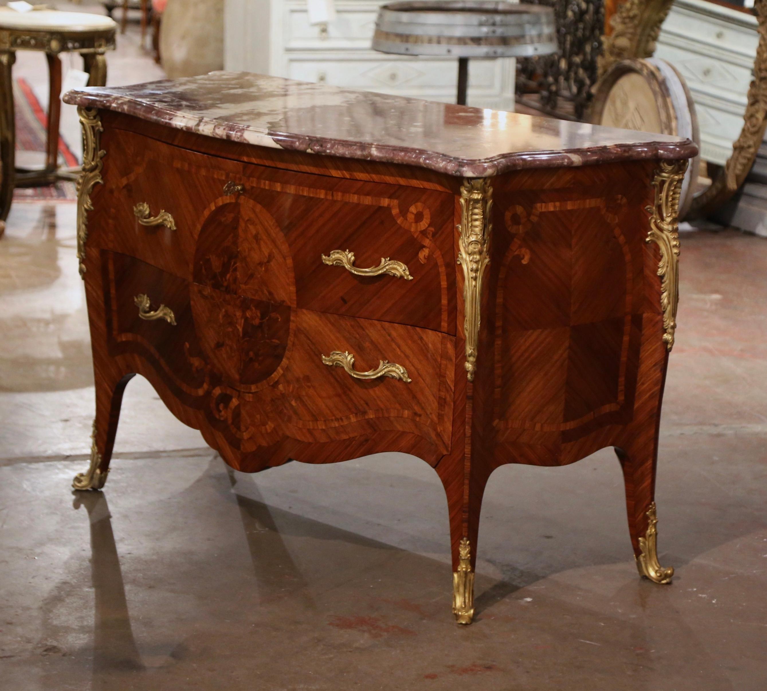 Early 20th Century Louis XV Marble Top Marquetry & Ormolu Bombe Chest of Drawers For Sale 2