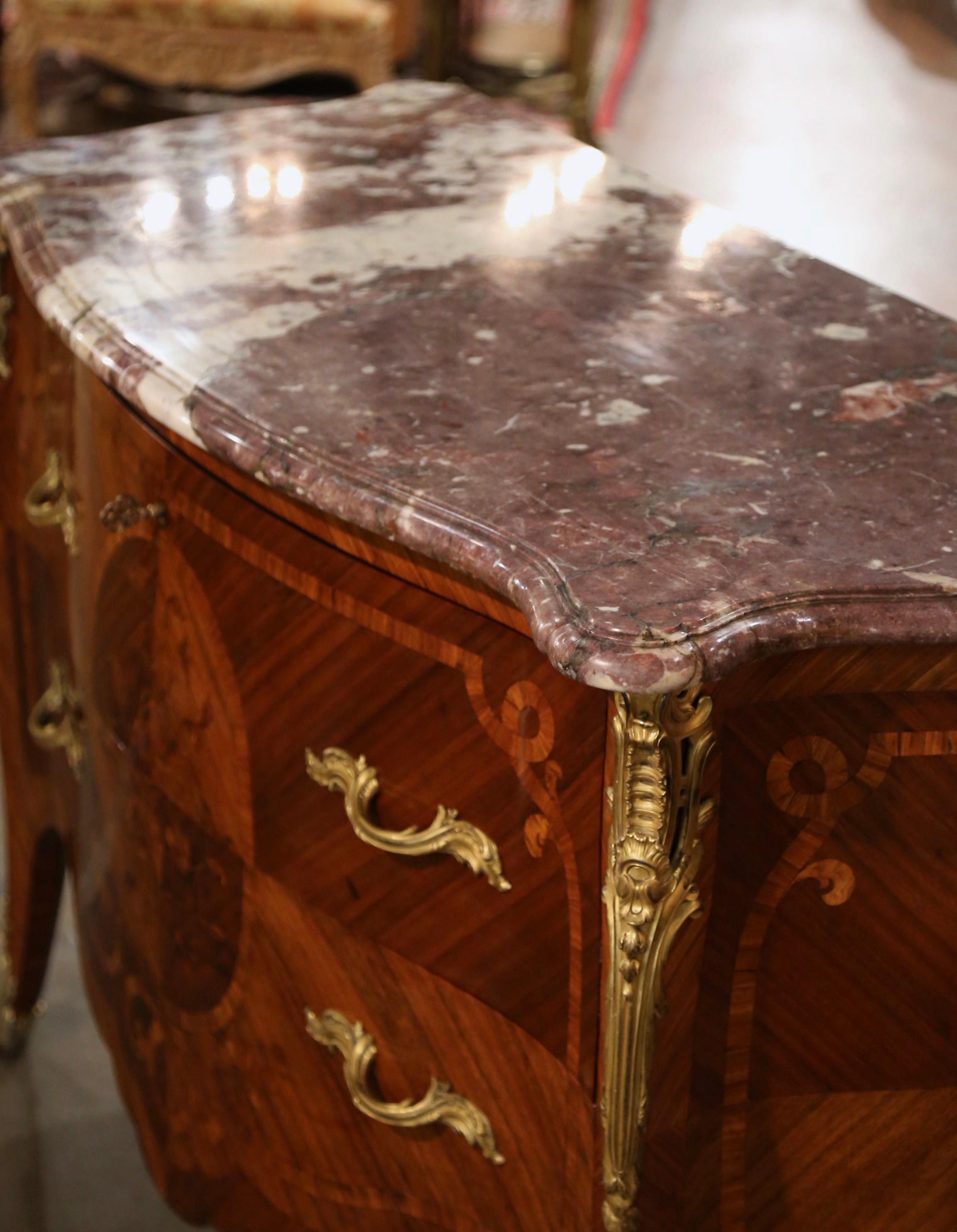 Early 20th Century Louis XV Marble Top Marquetry & Ormolu Bombe Chest of Drawers For Sale 3