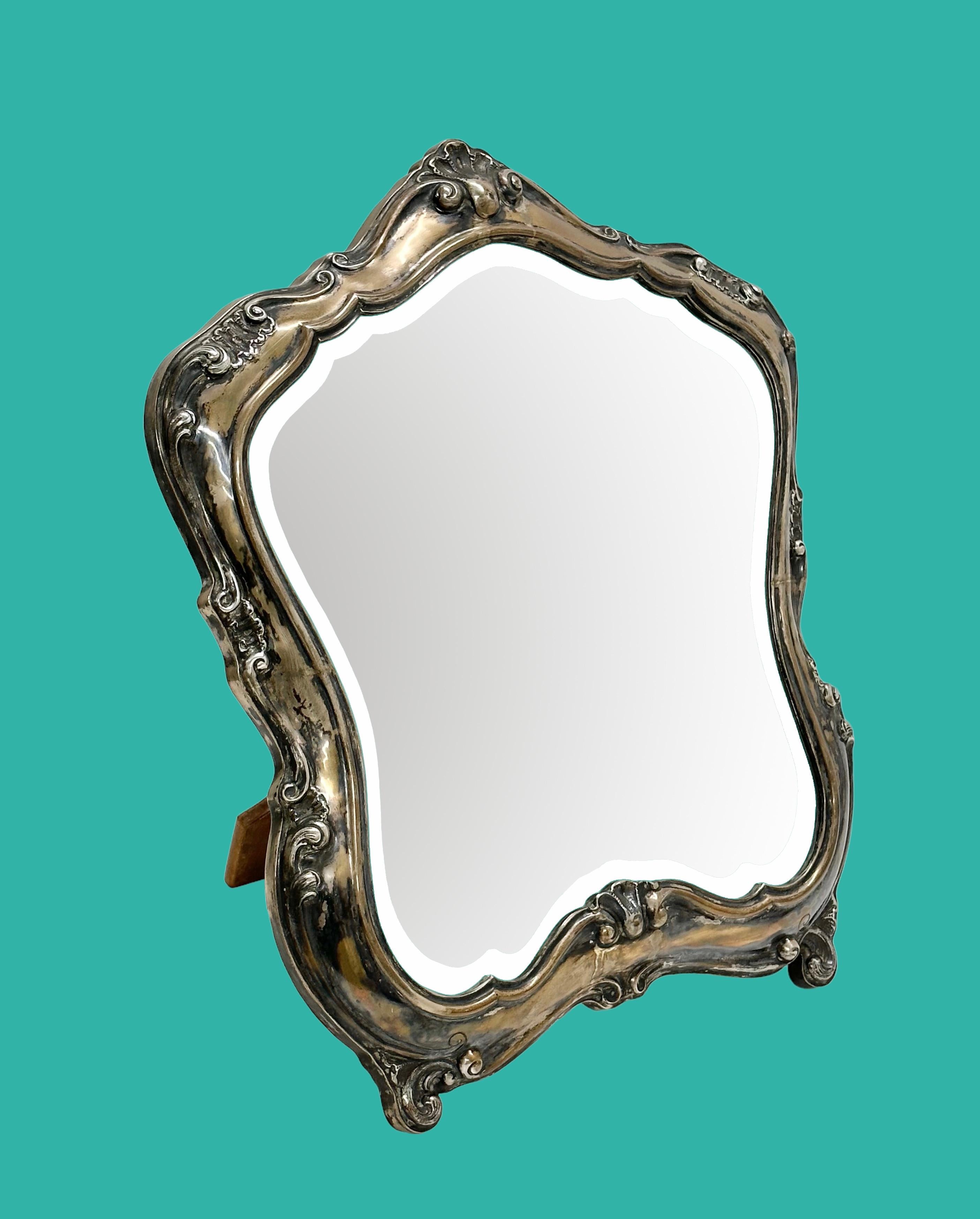 Miroir de table italien en argent 800 du début du XXe siècle de style Louis XV, années 1930 en vente 5