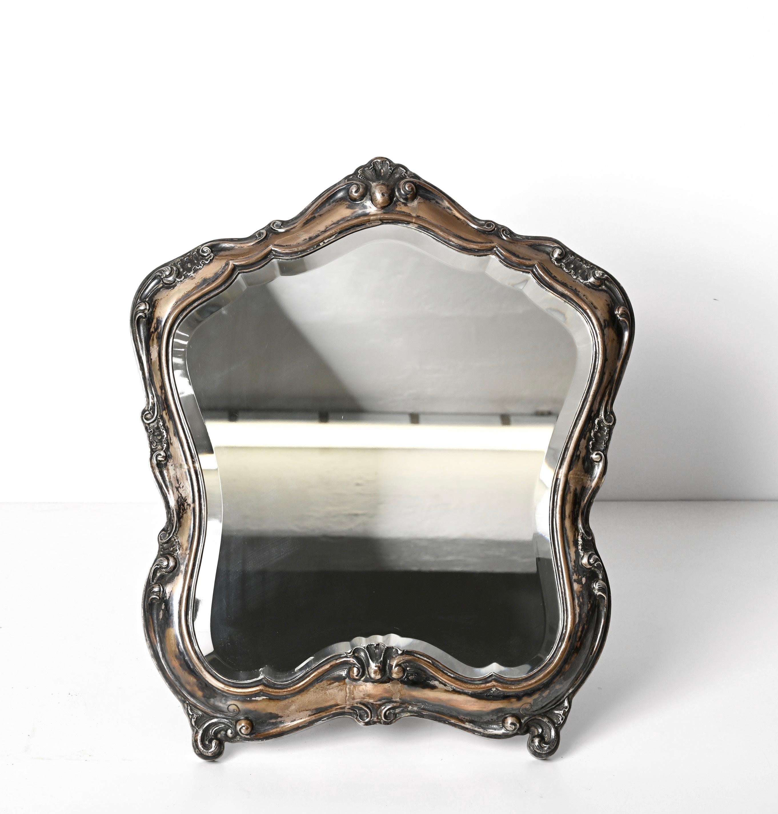 Early 20th Century Louis XV Style 800 Silver Italian Table Mirror, 1930s In Good Condition For Sale In Roma, IT