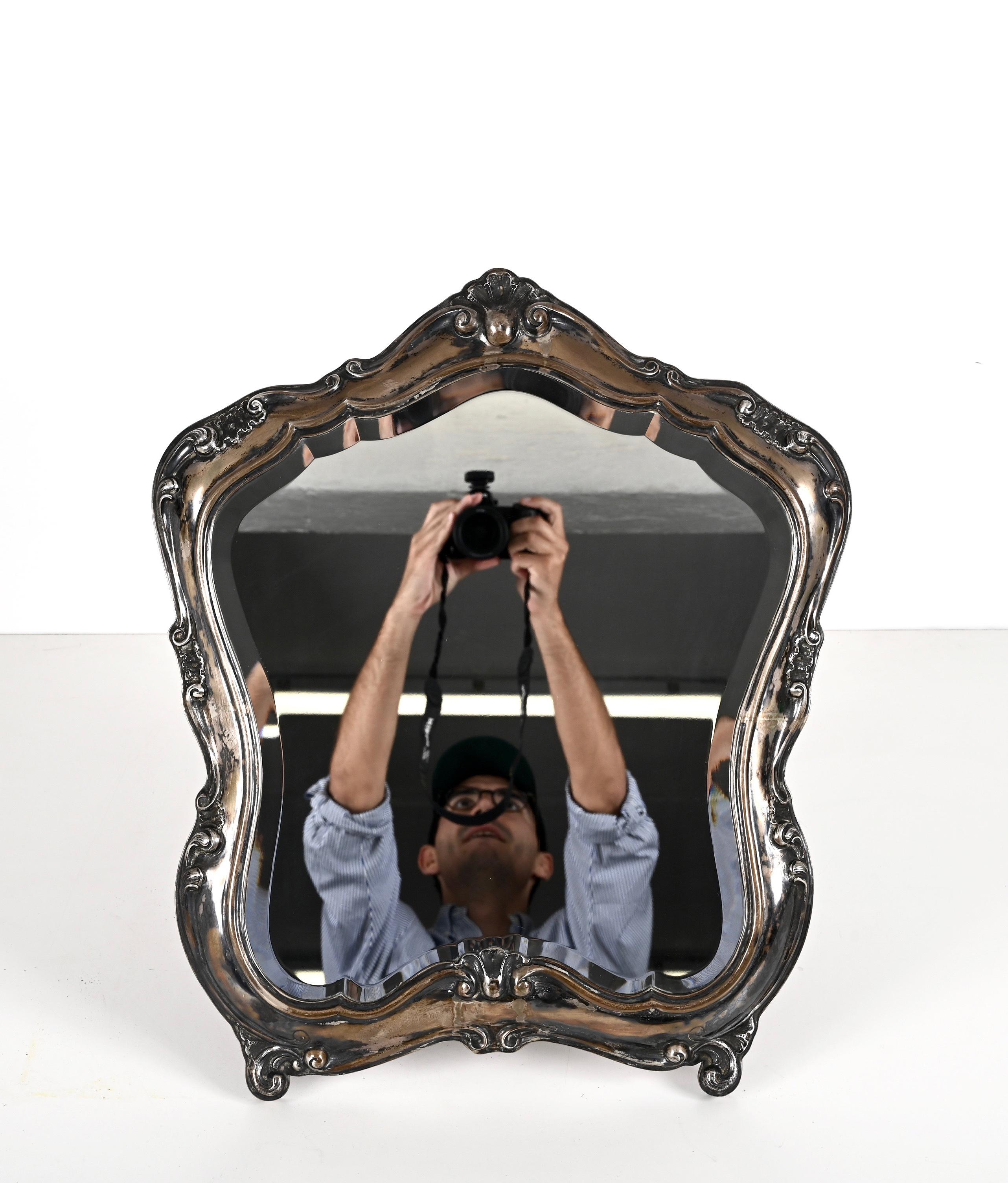 Early 20th Century Louis XV Style 800 Silver Italian Table Mirror, 1930s For Sale 1