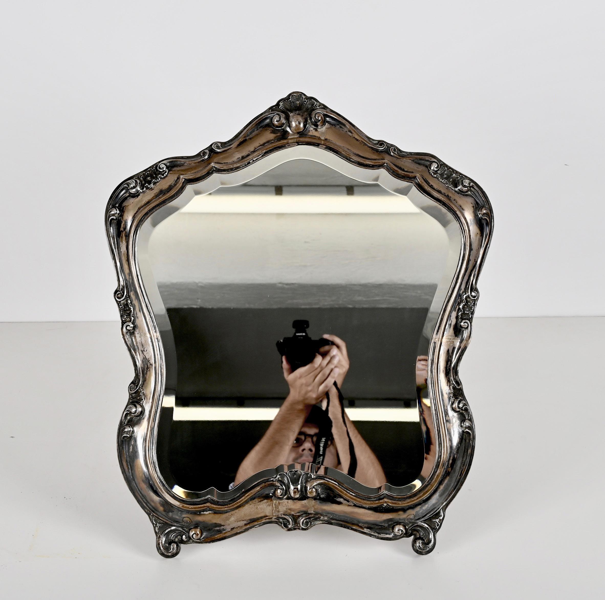 Early 20th Century Louis XV Style 800 Silver Italian Table Mirror, 1930s For Sale 3