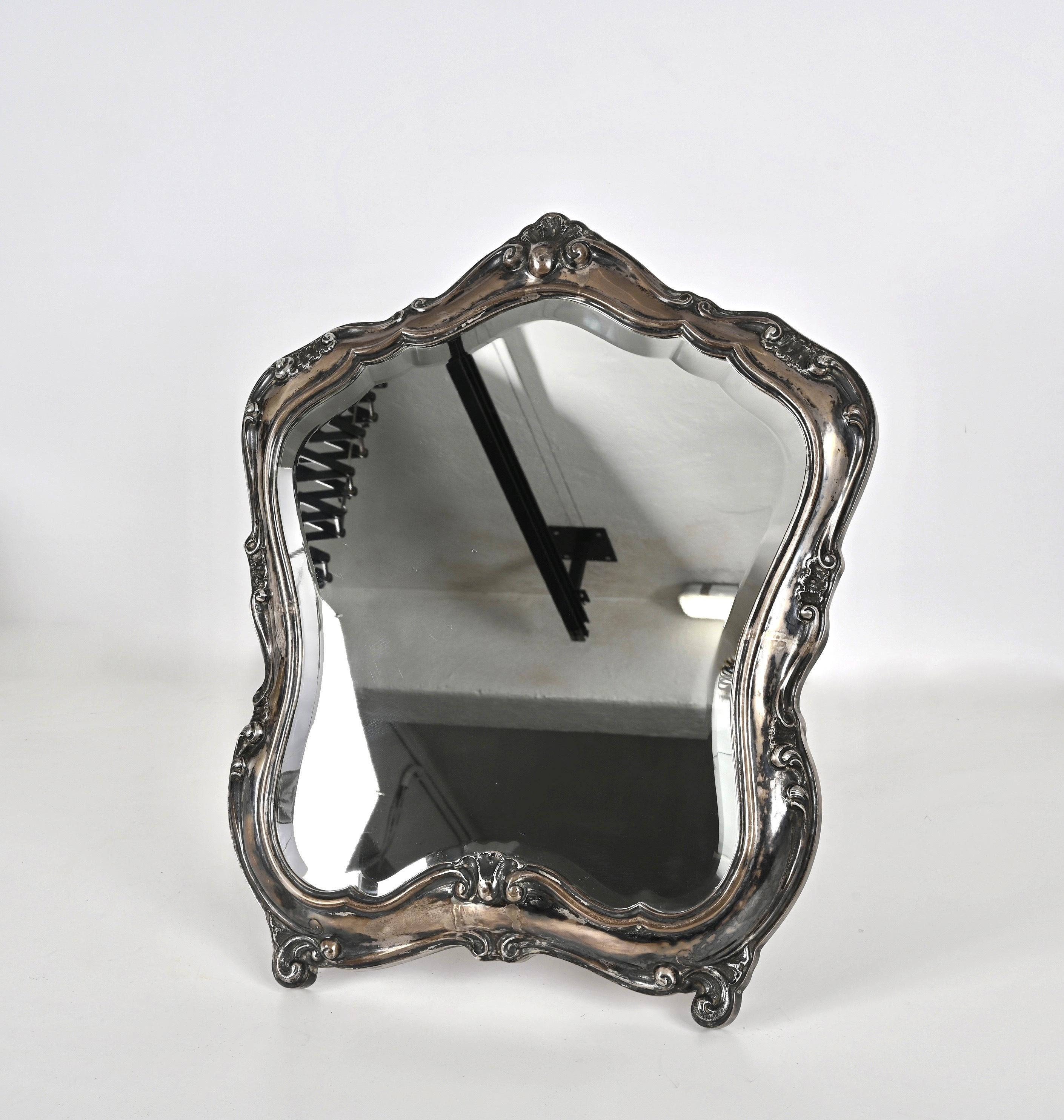 Miroir de table italien en argent 800 du début du XXe siècle de style Louis XV, années 1930 en vente 1