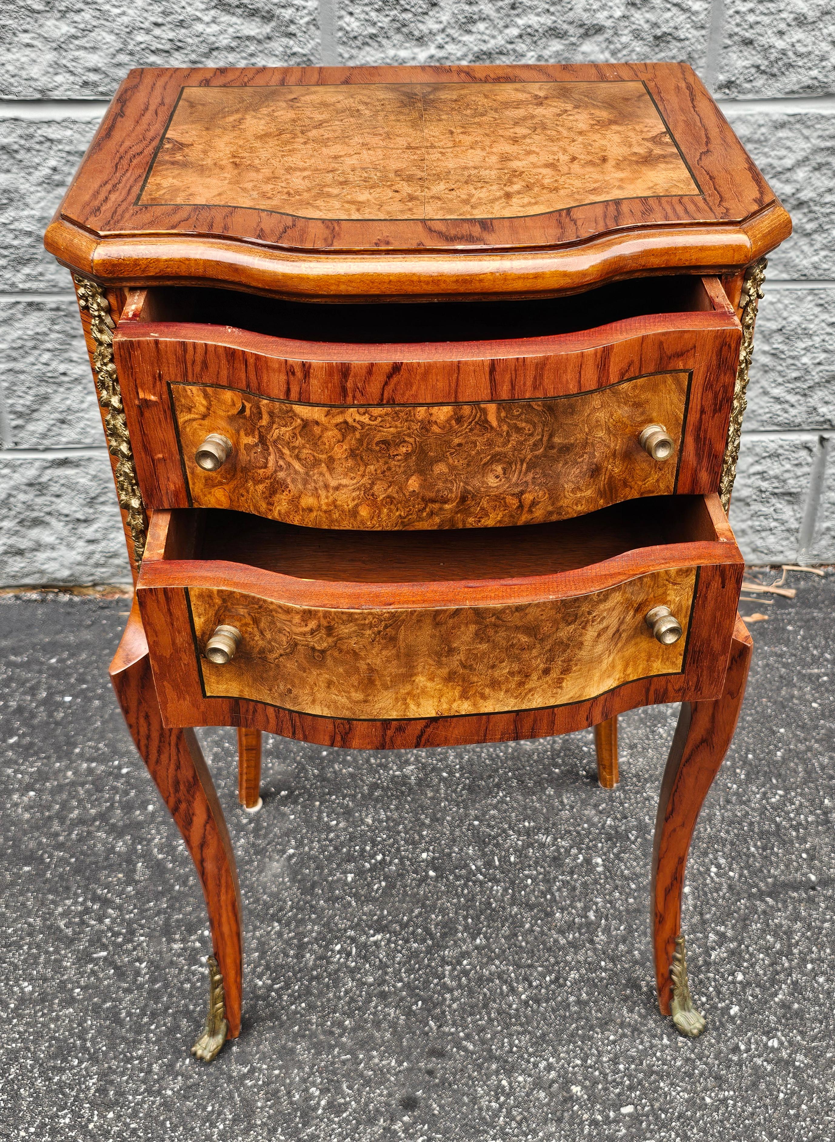 Inlay Early 20th Century Louis XV Style Brass Mounted Inlaid Burl Fruitwood Side Table For Sale