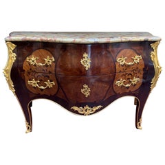 Antique Early 20th Century Louis XV Style Gilt Bronze Marquetry Commode