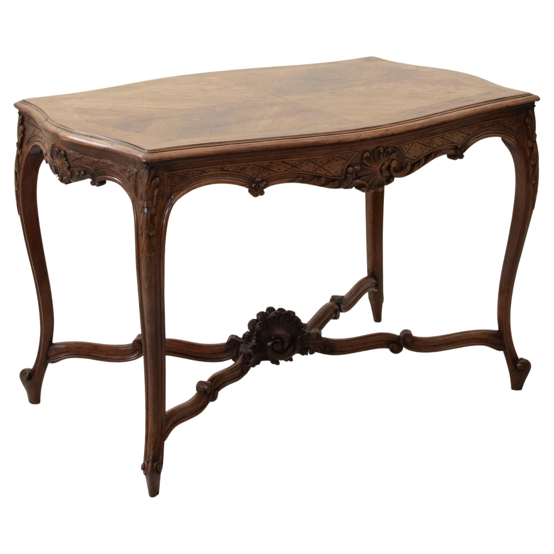 Early 20th Century Louis XV Style Hand Carved Walnut Center Table, Writing Table For Sale
