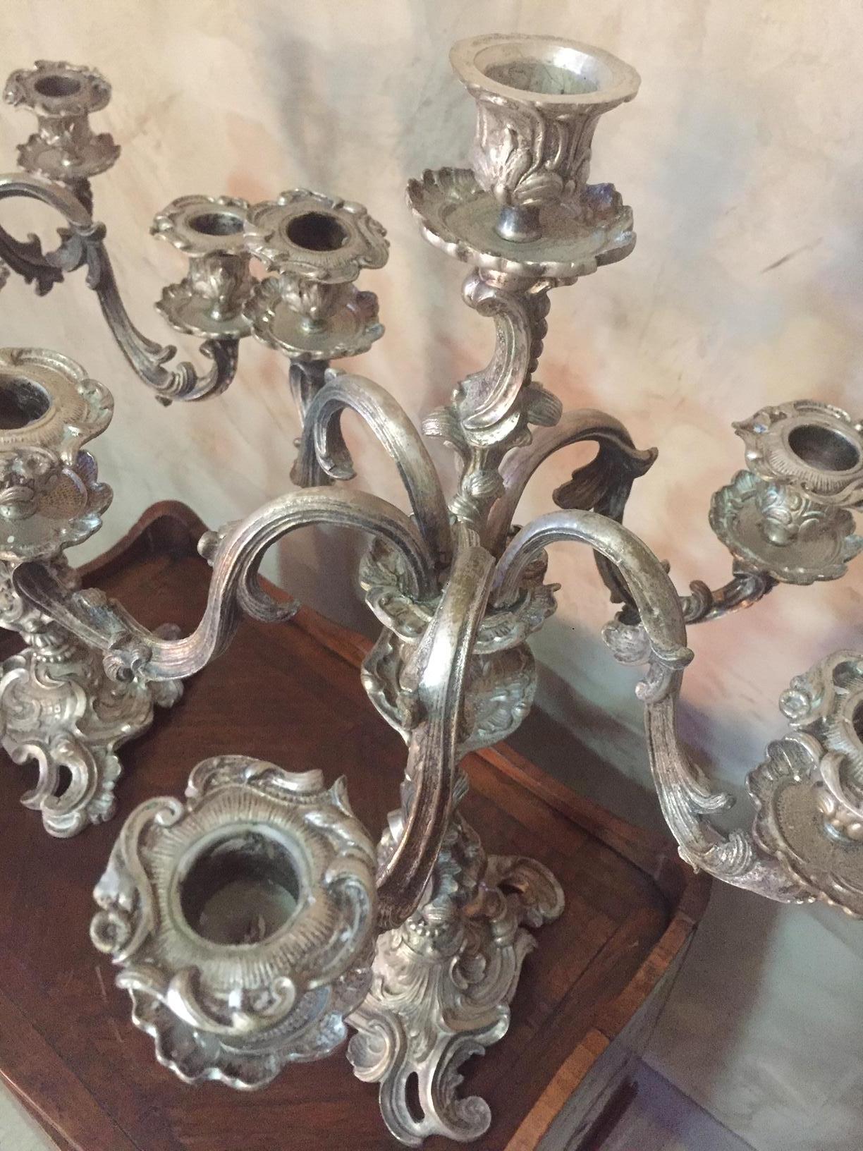 Early 20th Century Louis XV Style Pair of Silvered Bronze Candleholder, 1900s For Sale 6