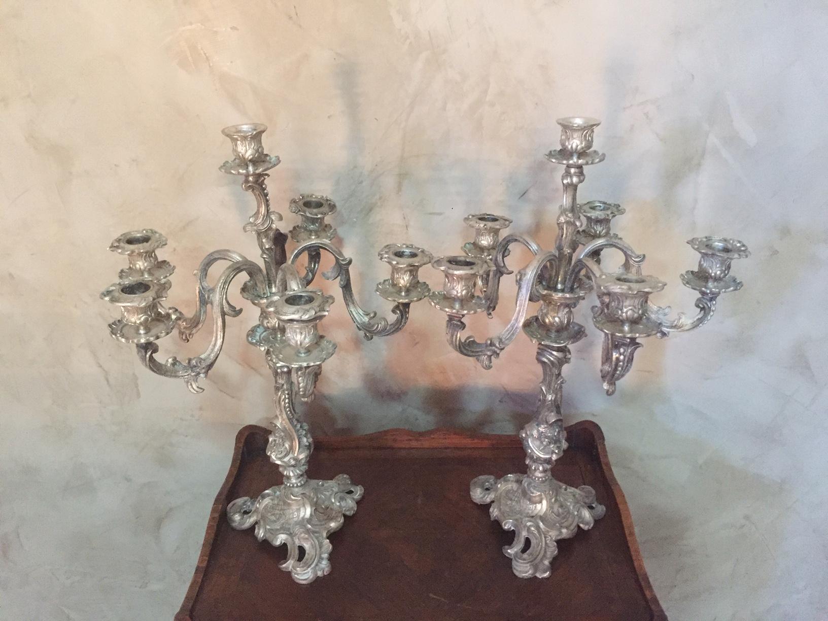 Sehr schönes Paar versilberter Bronze-Kerzenhalter aus dem frühen 20. Jahrhundert, Louis XV.
Sechs Lichter. Geformte Details von Blumen. Sehr gute Qualität.