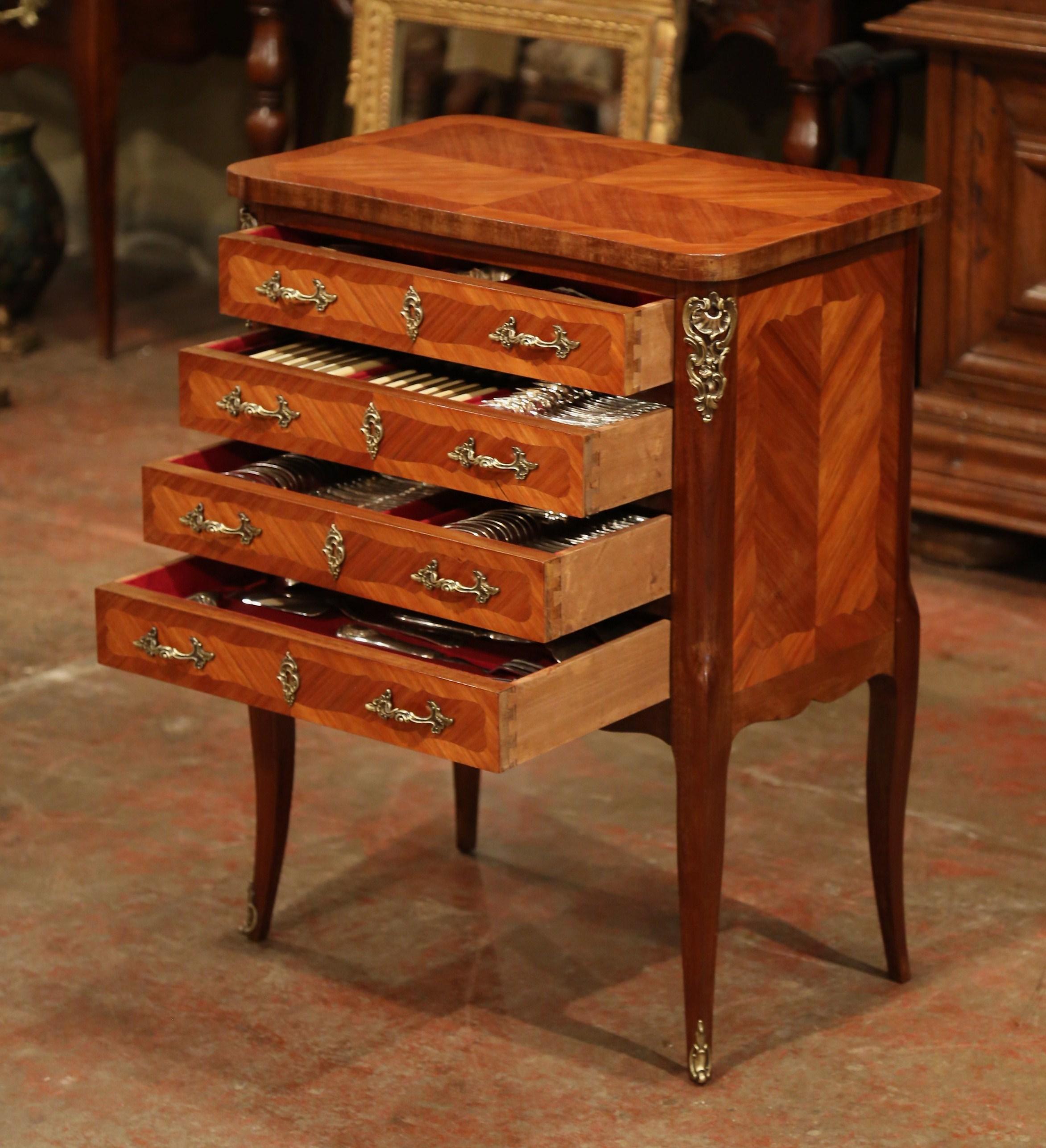 Hand-Carved Early 20th Century Louis XV Walnut Marquetry Chest with Silverware, 145 Pieces