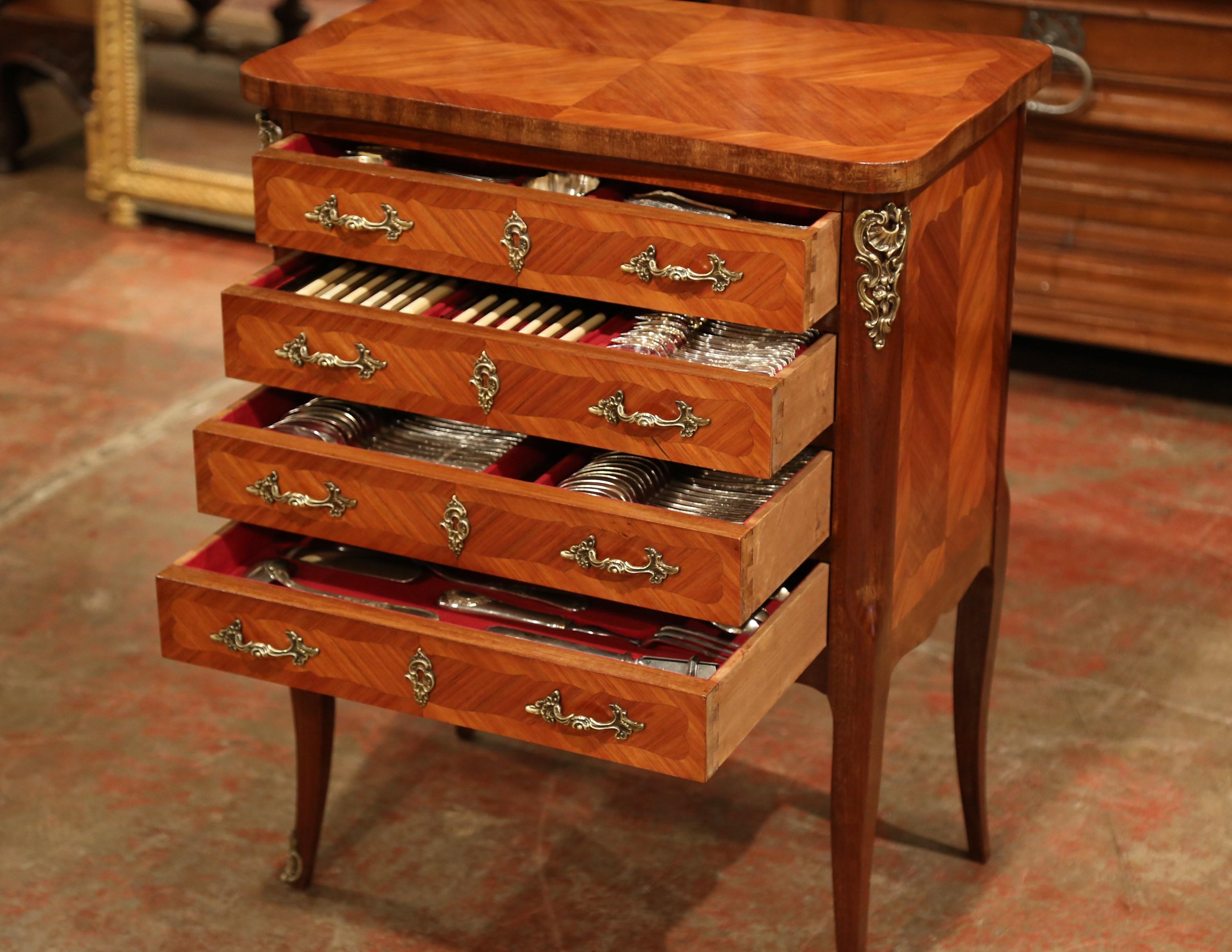 Early 20th Century Louis XV Walnut Marquetry Chest with Silverware, 145 Pieces In Excellent Condition In Dallas, TX