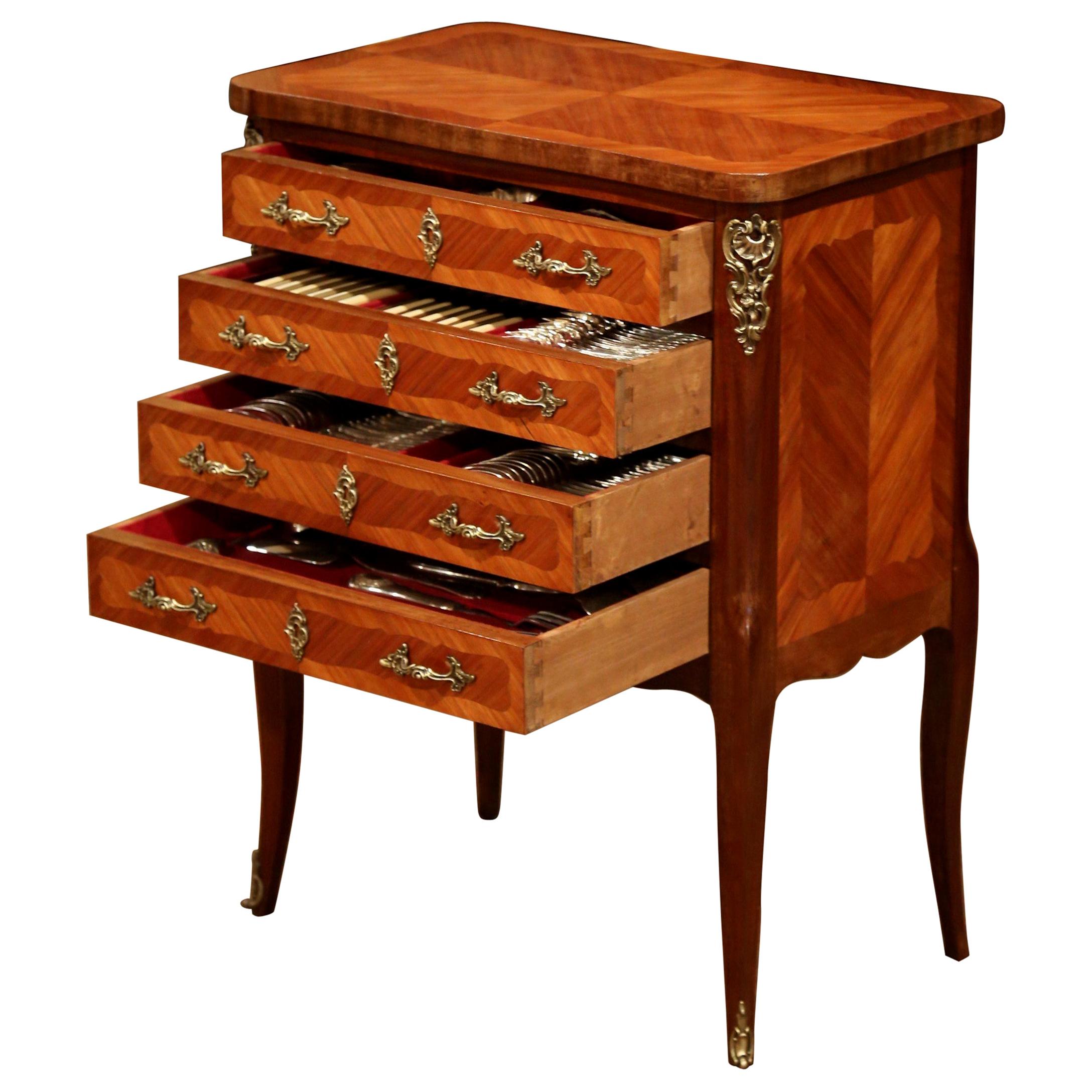 Early 20th Century Louis XV Walnut Marquetry Chest with Silverware, 145 Pieces
