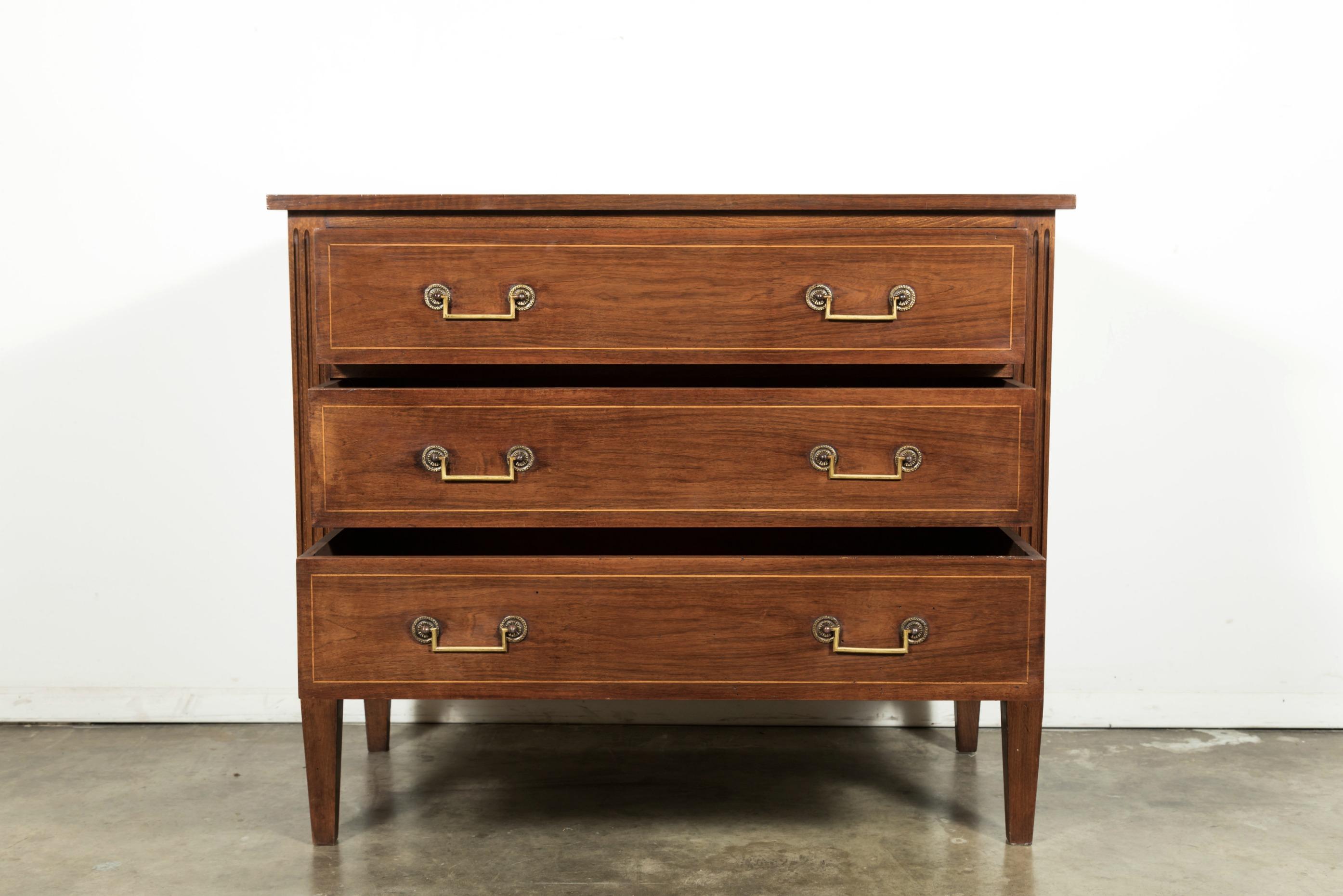 French Early 20th Century Louis XVI Style Walnut and Fruitwood Parquetry Commode