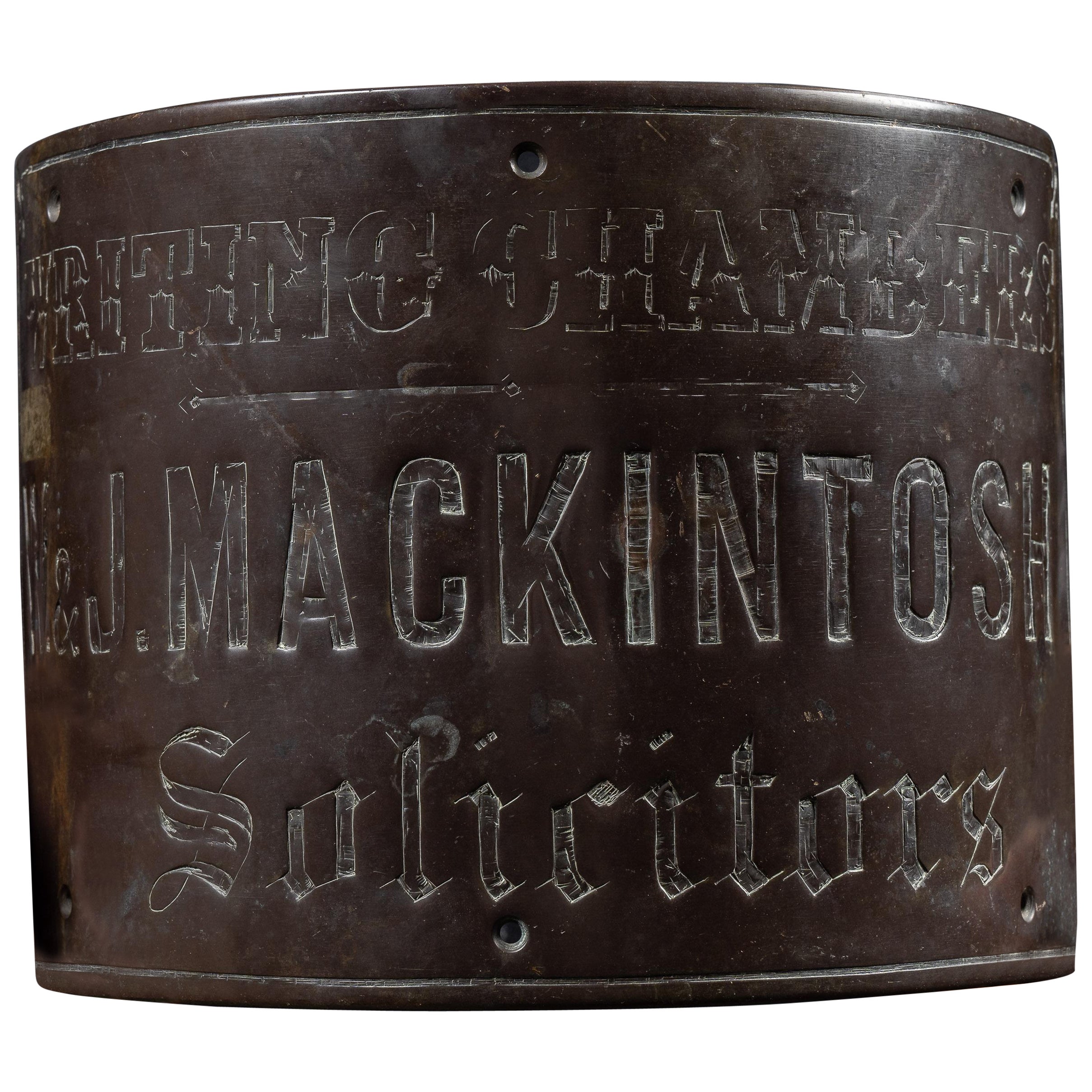 Early 20th Century Mackintosh Solicitors Rounded Bronze Sign For Sale