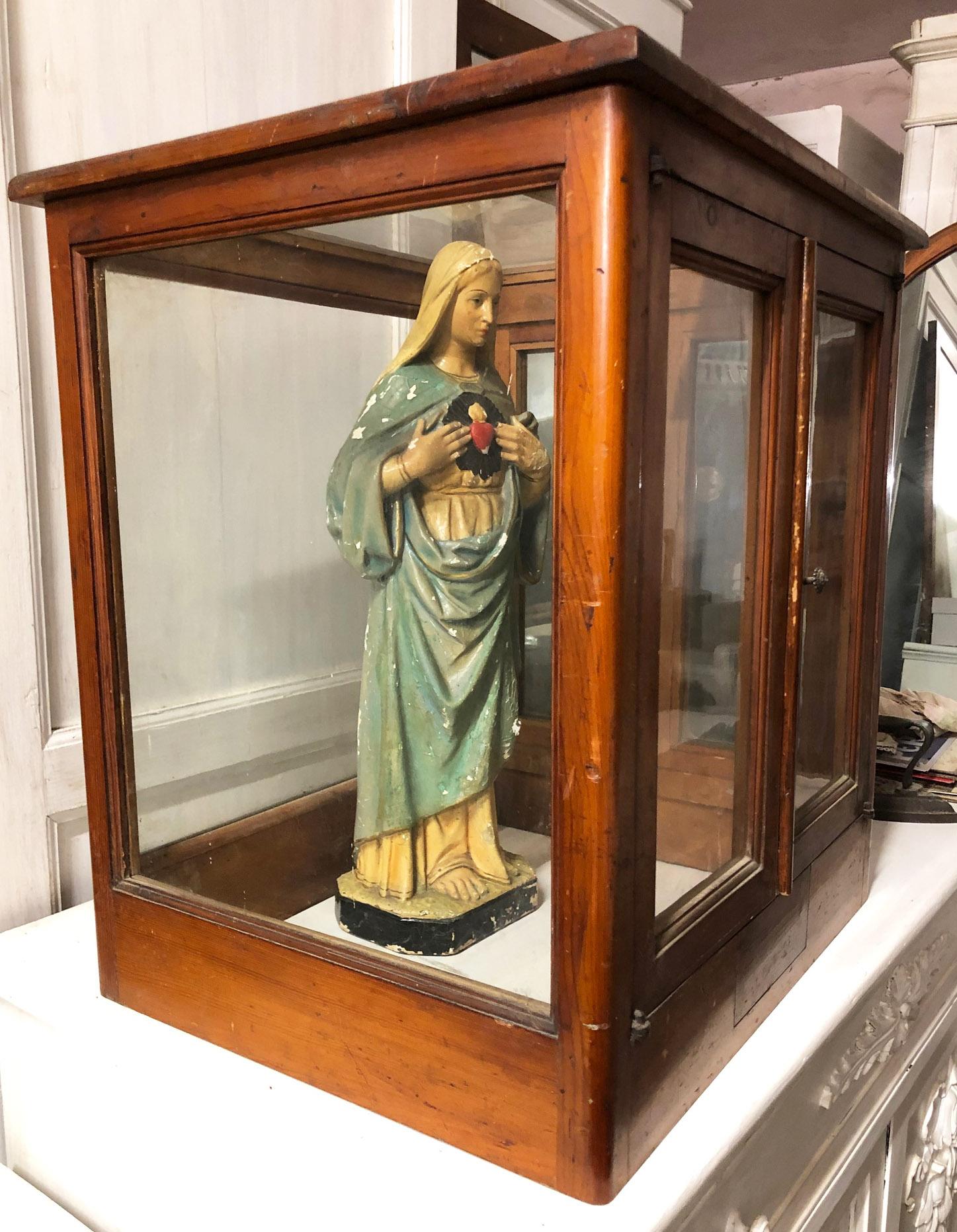 Early 20th Century Madonna Statue Hand Painted with Antique Case with Doors 5