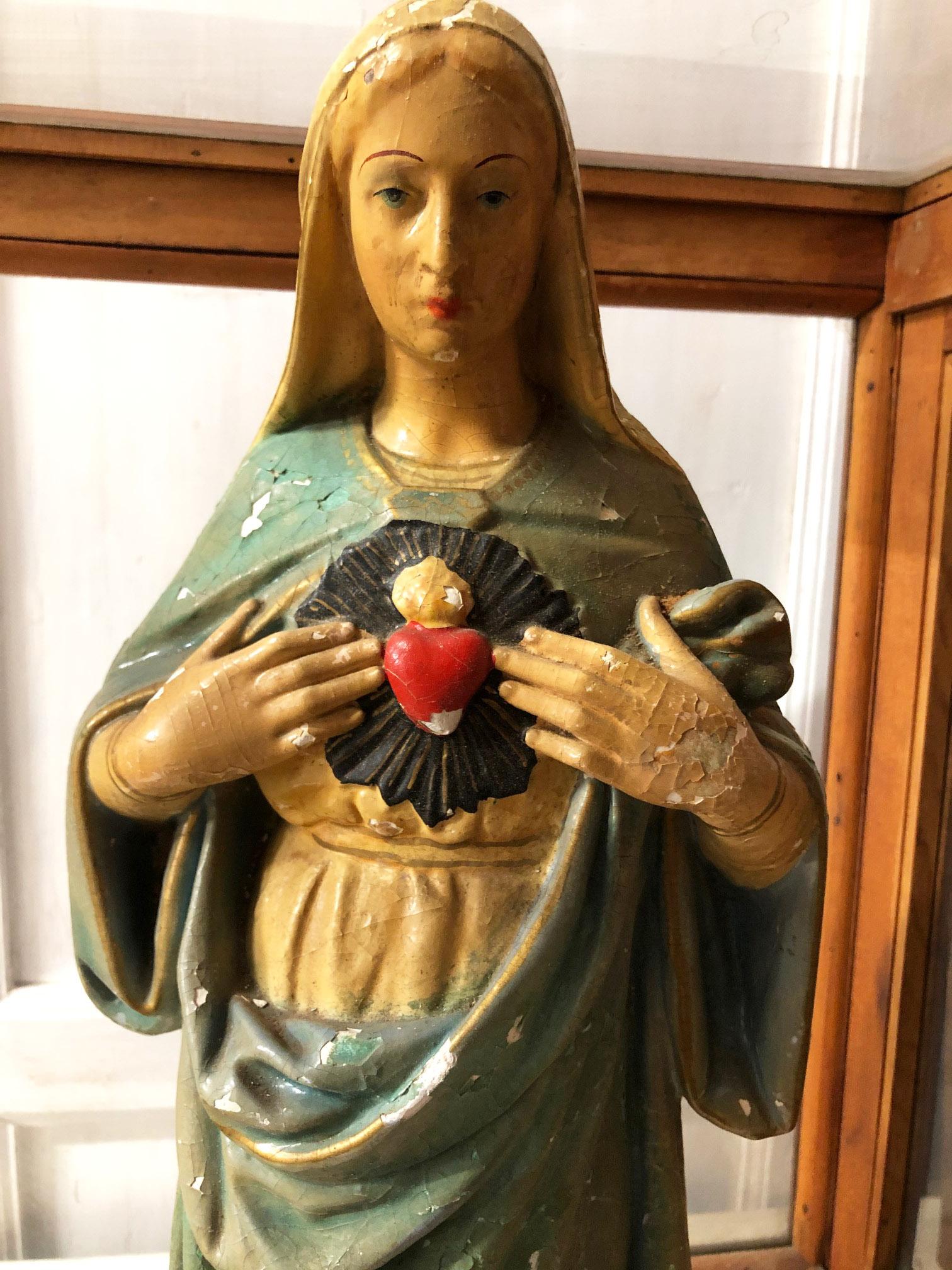 Early 20th Century Madonna Statue Hand Painted with Antique Case with Doors 1