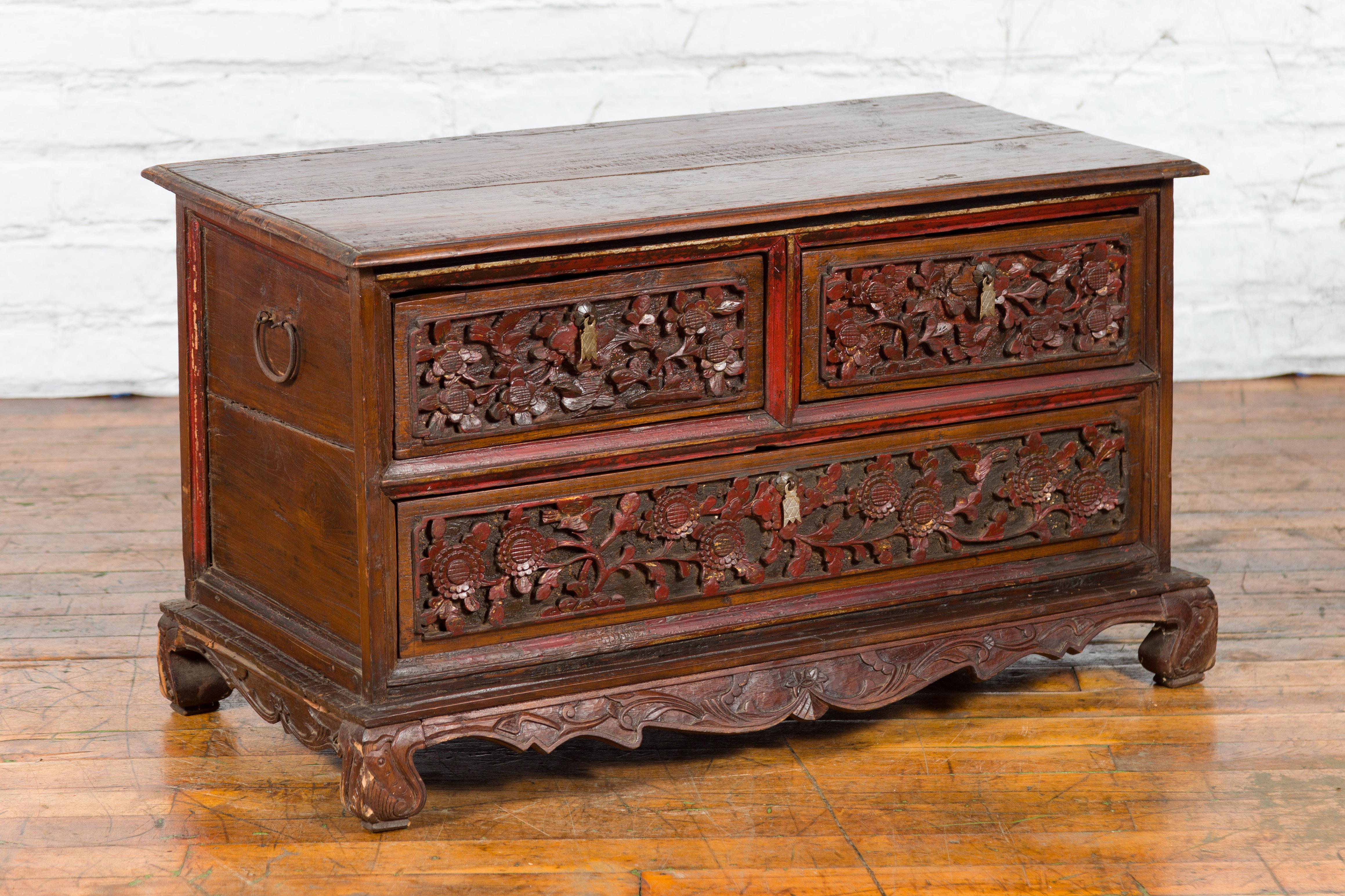 Javanese Early 20th Century Madurese Treasure Chest with Hand-Carved Floral Décor For Sale