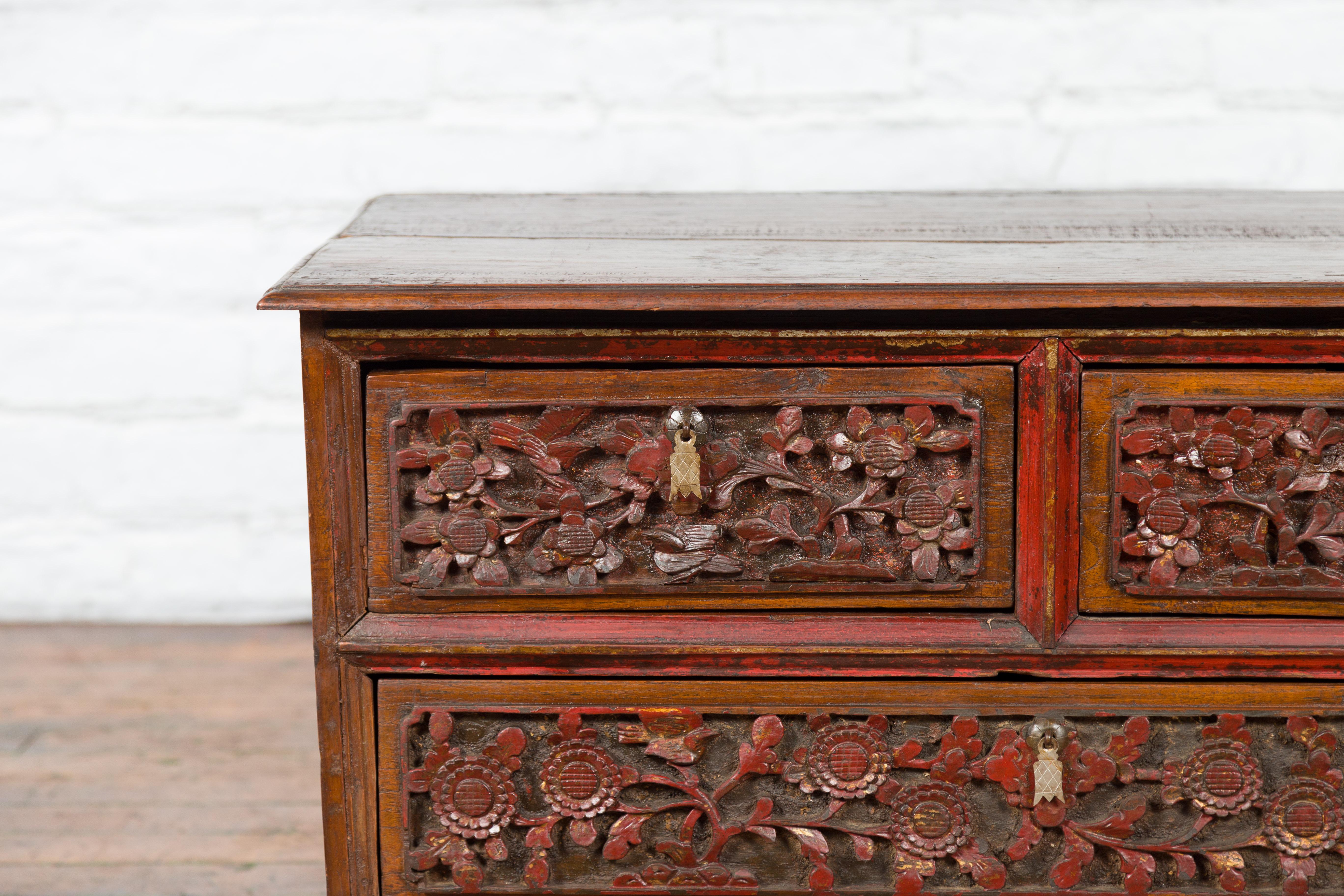 Early 20th Century Madurese Treasure Chest with Hand-Carved Floral Décor For Sale 2