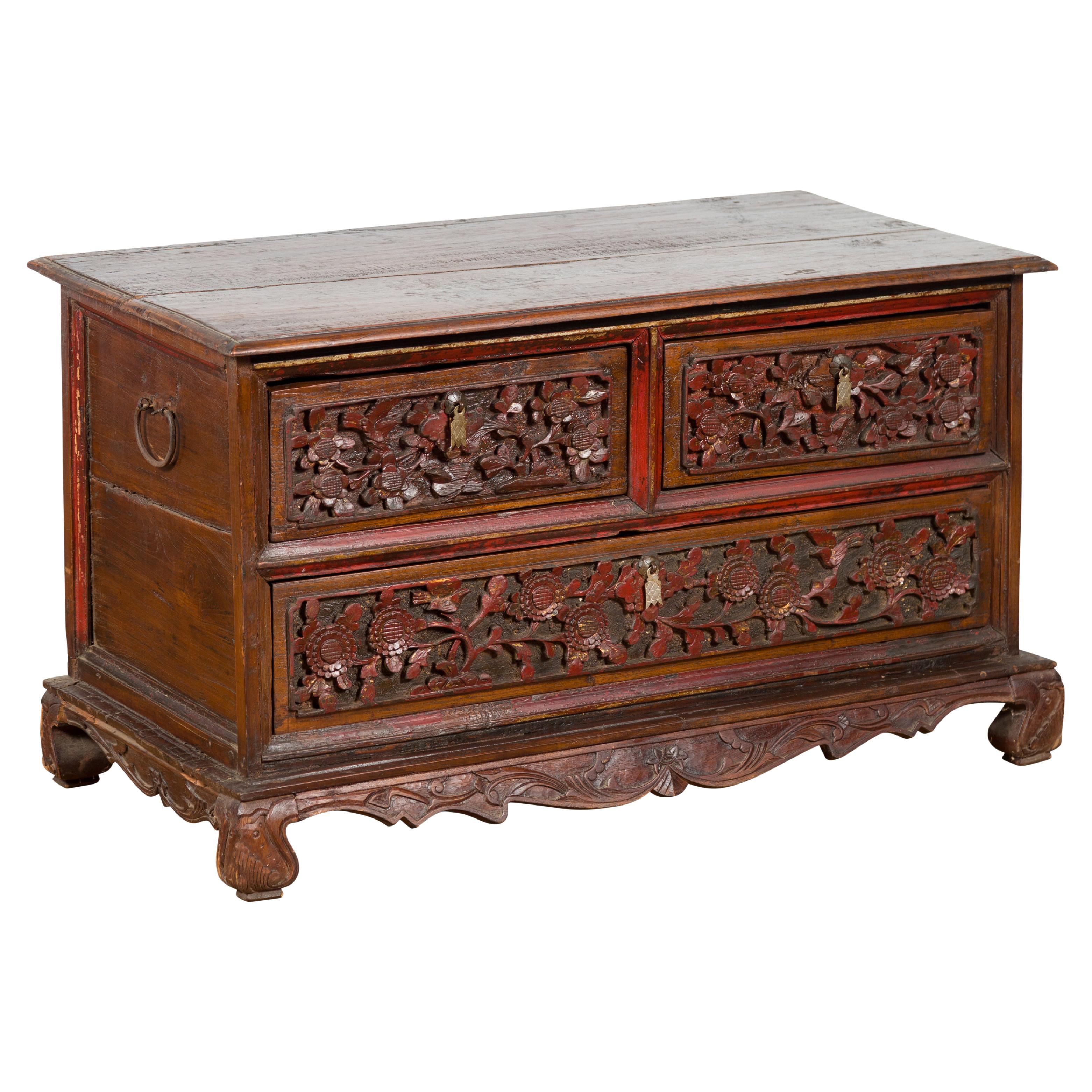 Early 20th Century Madurese Treasure Chest with Hand-Carved Floral Décor For Sale