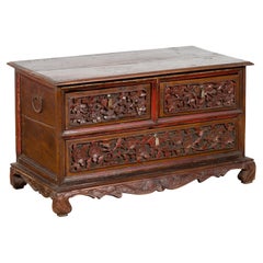 Antique Early 20th Century Madurese Treasure Chest with Hand-Carved Floral Décor
