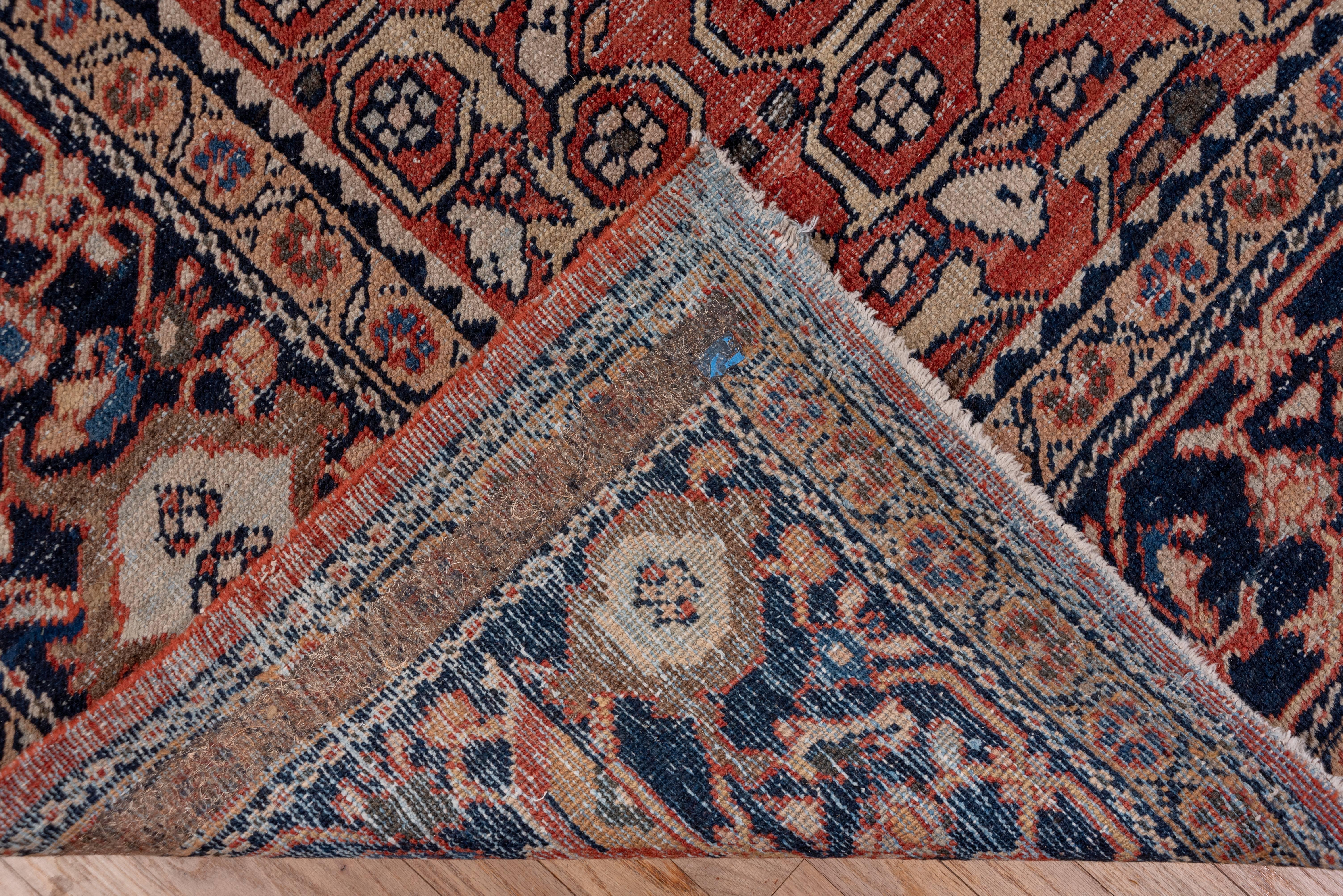 The soft madder field of this west Persian village carpet displays a repeating design of eccentric vines in straight and enclosed circular styles, accented by rosettes, in shades of straw and dark brown. The dark brown turtle palmette border