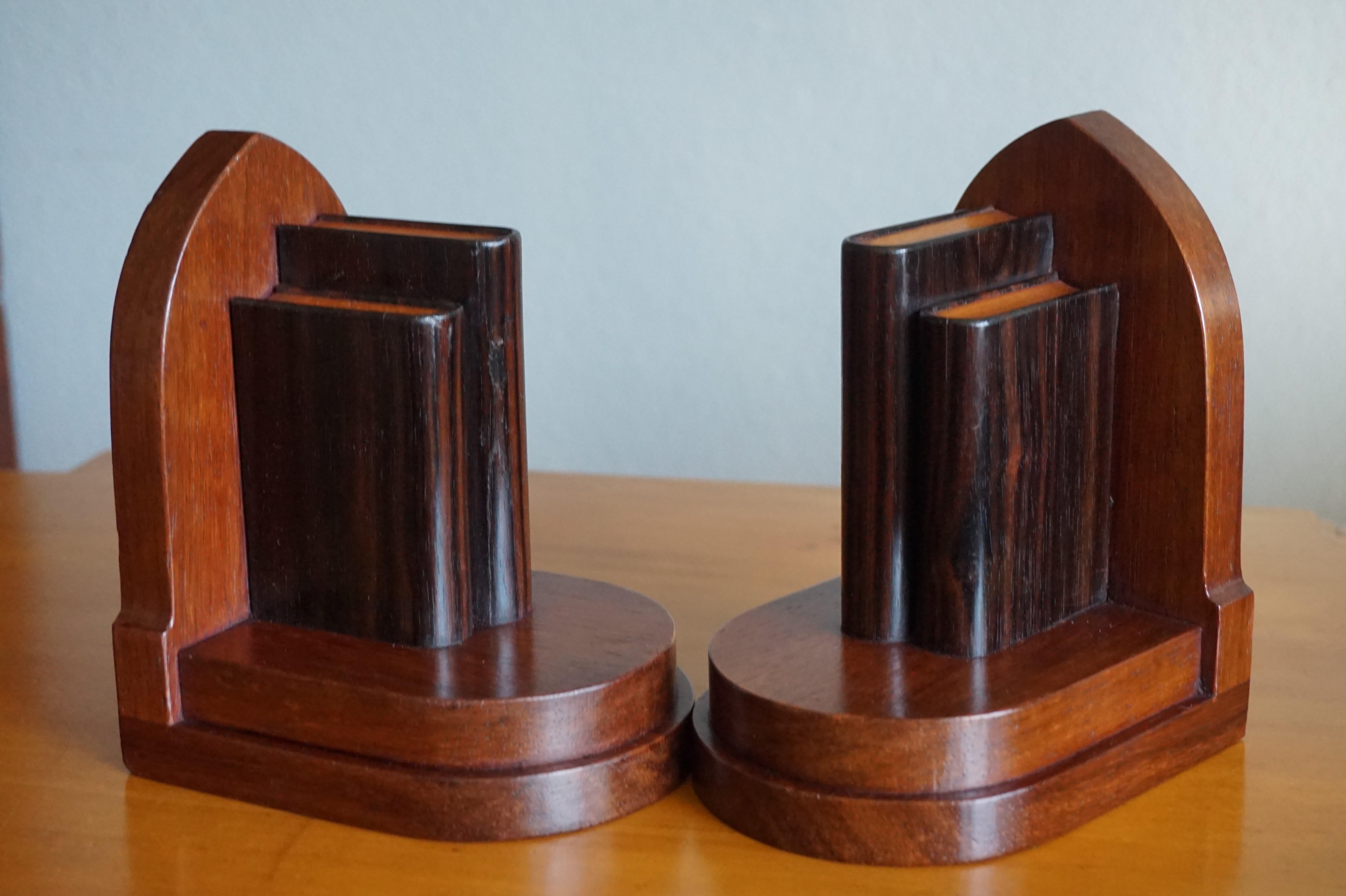 Hand-Carved Early 20th Century Walnut and Coromandel Art Deco Bookends of Miniature Books