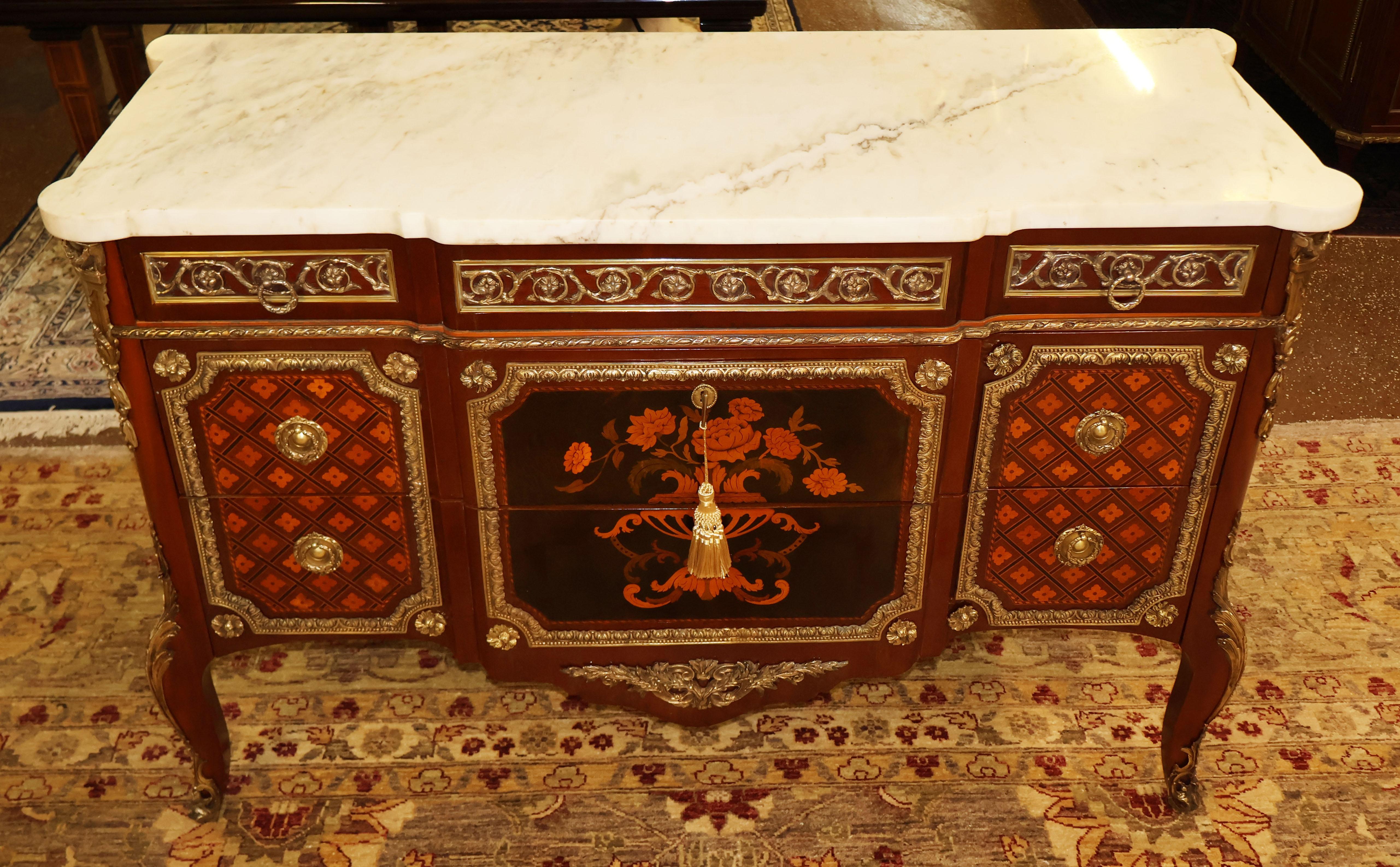 ​Louis XV French Style Inlaid White Marble Top Dresser Chest Commode

Dimensions : 50