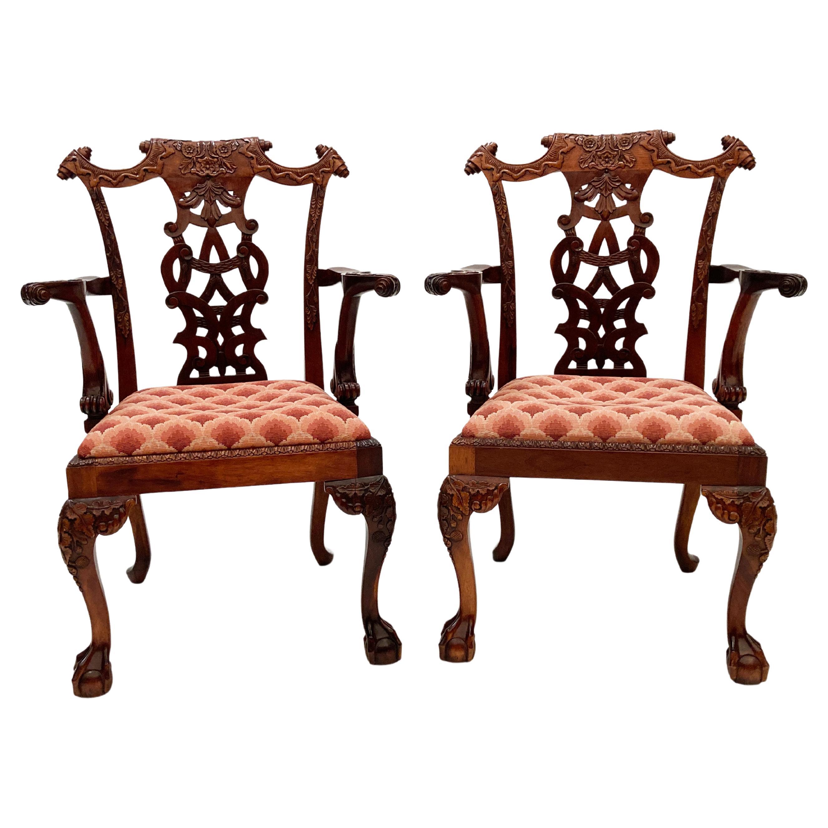 Early 20th Century Mahogany Irish Antique Replica Chippendale Chairs- Set of 2