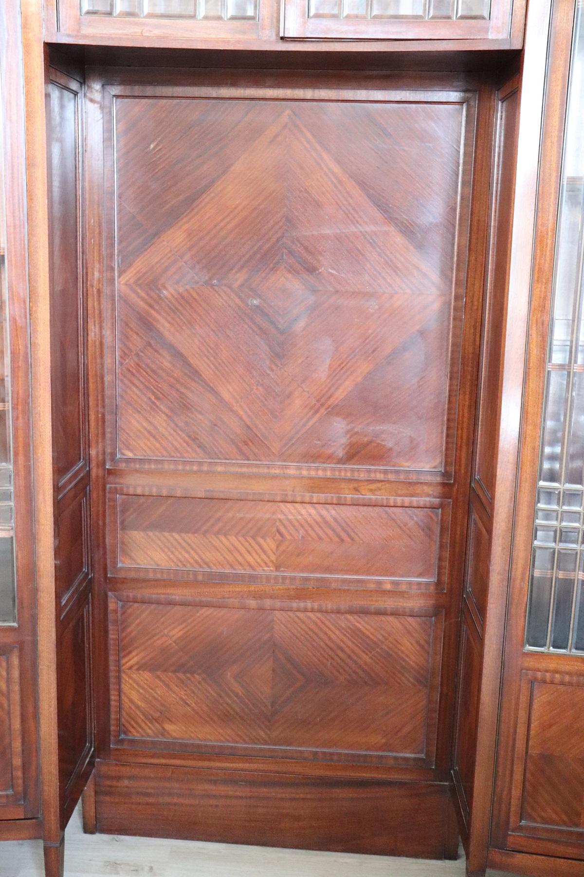 Italian Early 20th Century Mahogany Office Furniture Set with 3 Bookcase 1 Desk 1 Chair