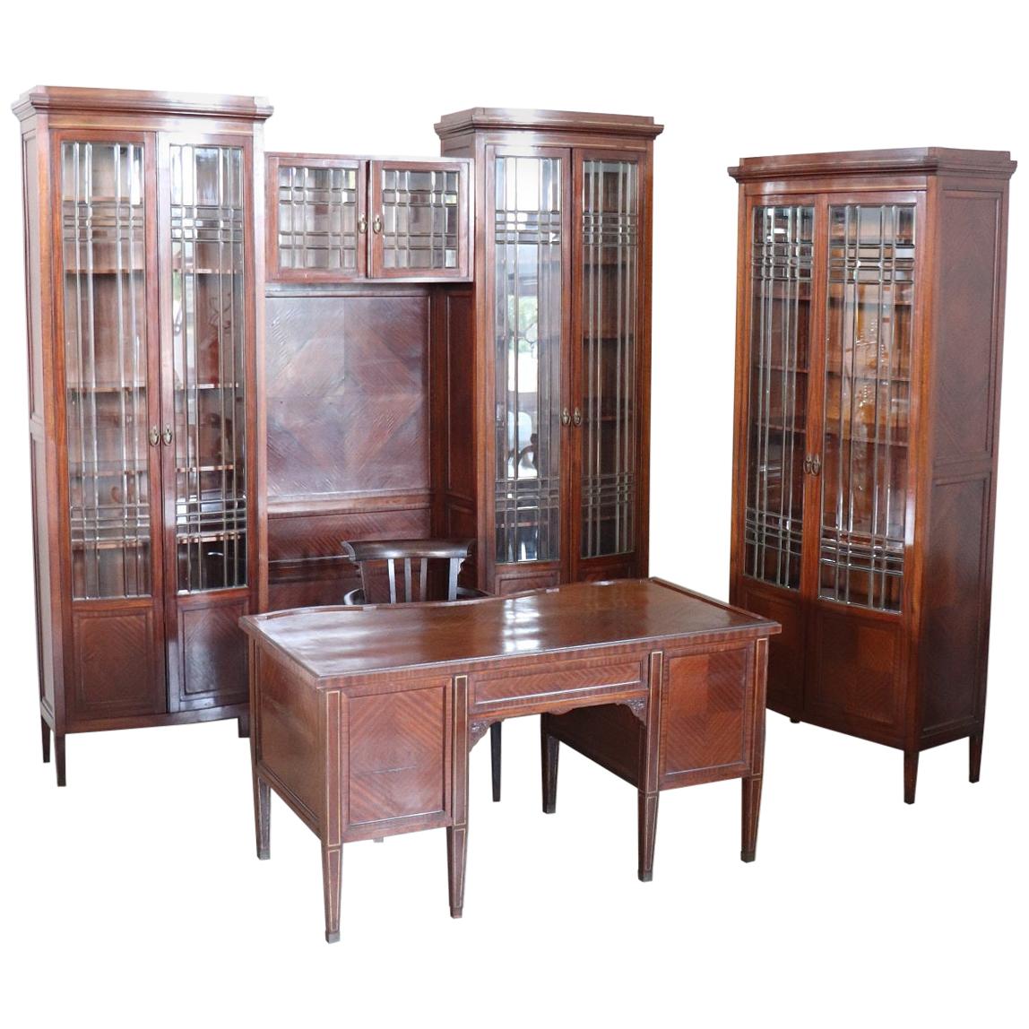 Early 20th Century Mahogany Office Furniture Set with 3 Bookcase 1 Desk 1 Chair