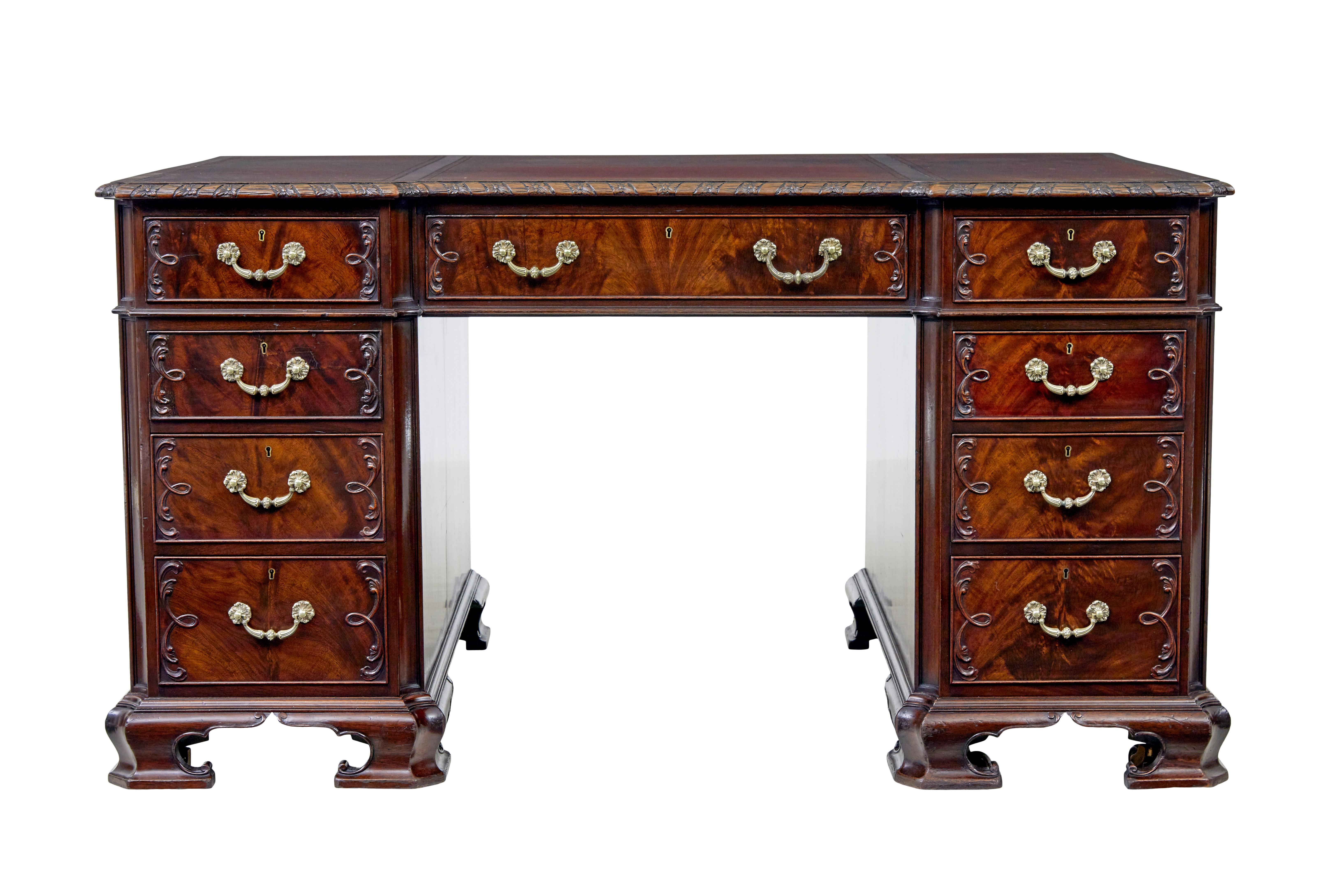 Early 20th century mahogany pedestal desk by hobbs & co circa 1900.

Beautiful desk in the adams style circa 1900. Stamped by hobbs & co of london. Mahogany lined drawers. Shaped front, applied carvings to drawers and doors. Hidden castors behind