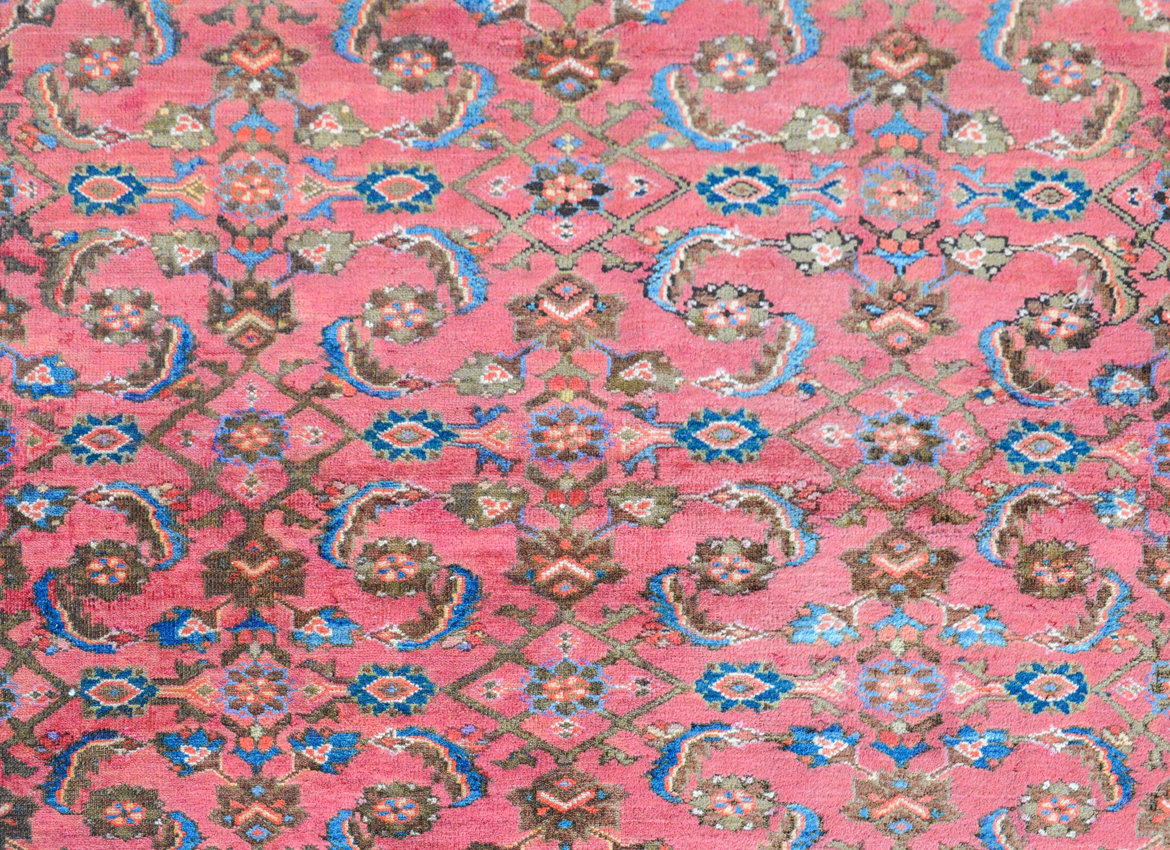 A beautiful early 20th century Persian Malayer rug with a Herati pattern including leaves, flowers, and stylized shrimp, and surrounded by a wide border composed of several thin petite floral partnered stripes, and all woven in light and dark