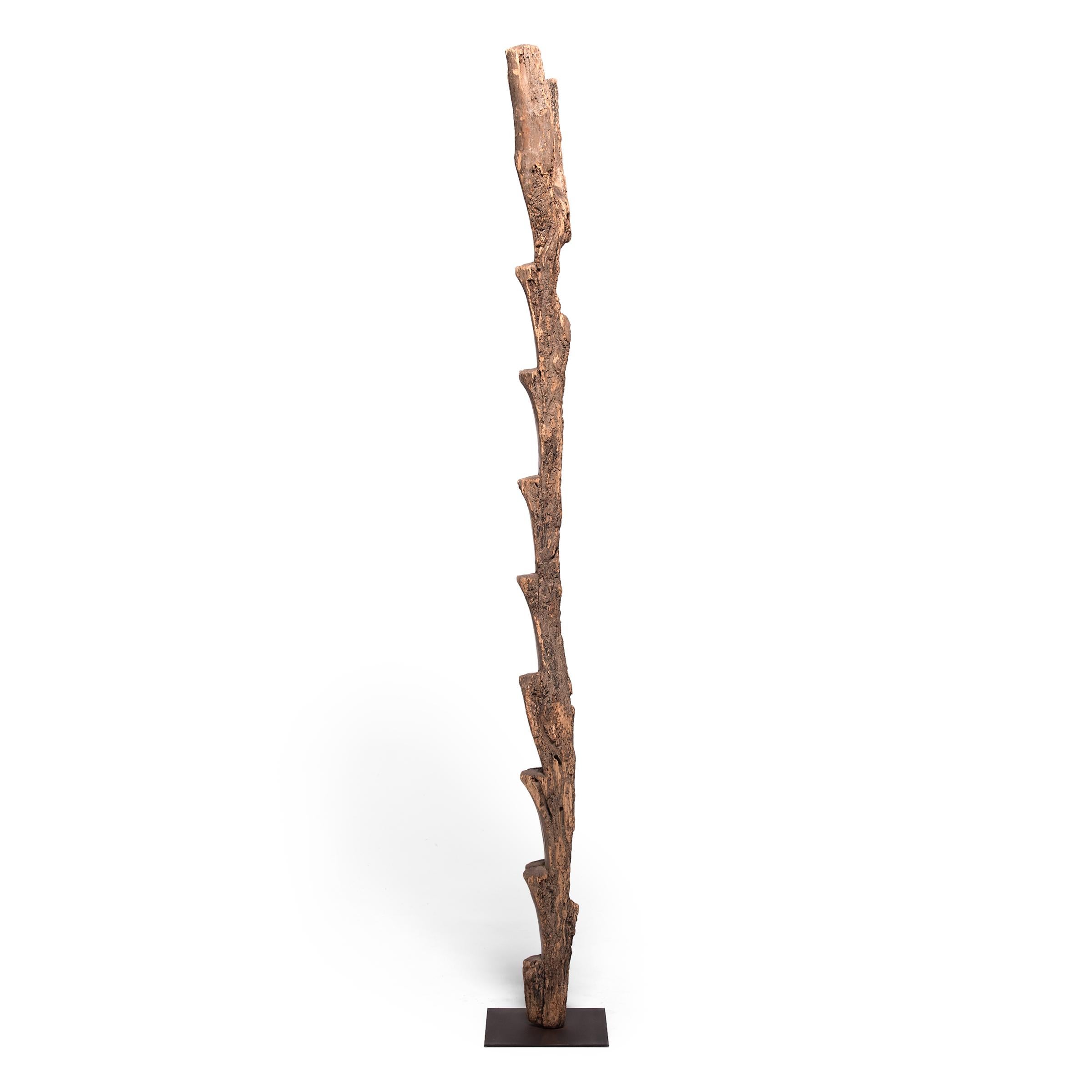 The Dogon people of Mali lived a vertical life. With homes set into cliff faces and orchards to harvest, tree ladders were integral tools of daily life. Adding depth and texture, a pattern of well-worn steps darkens the wood, balanced by the
