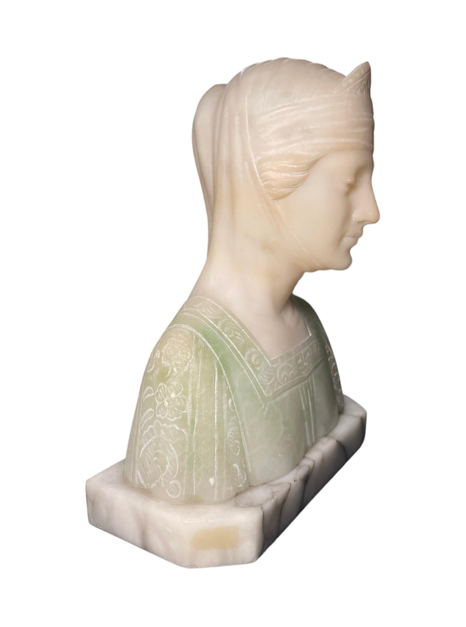 Carved Early 20th Century Marble and Alabaster Bust of Beatrice For Sale