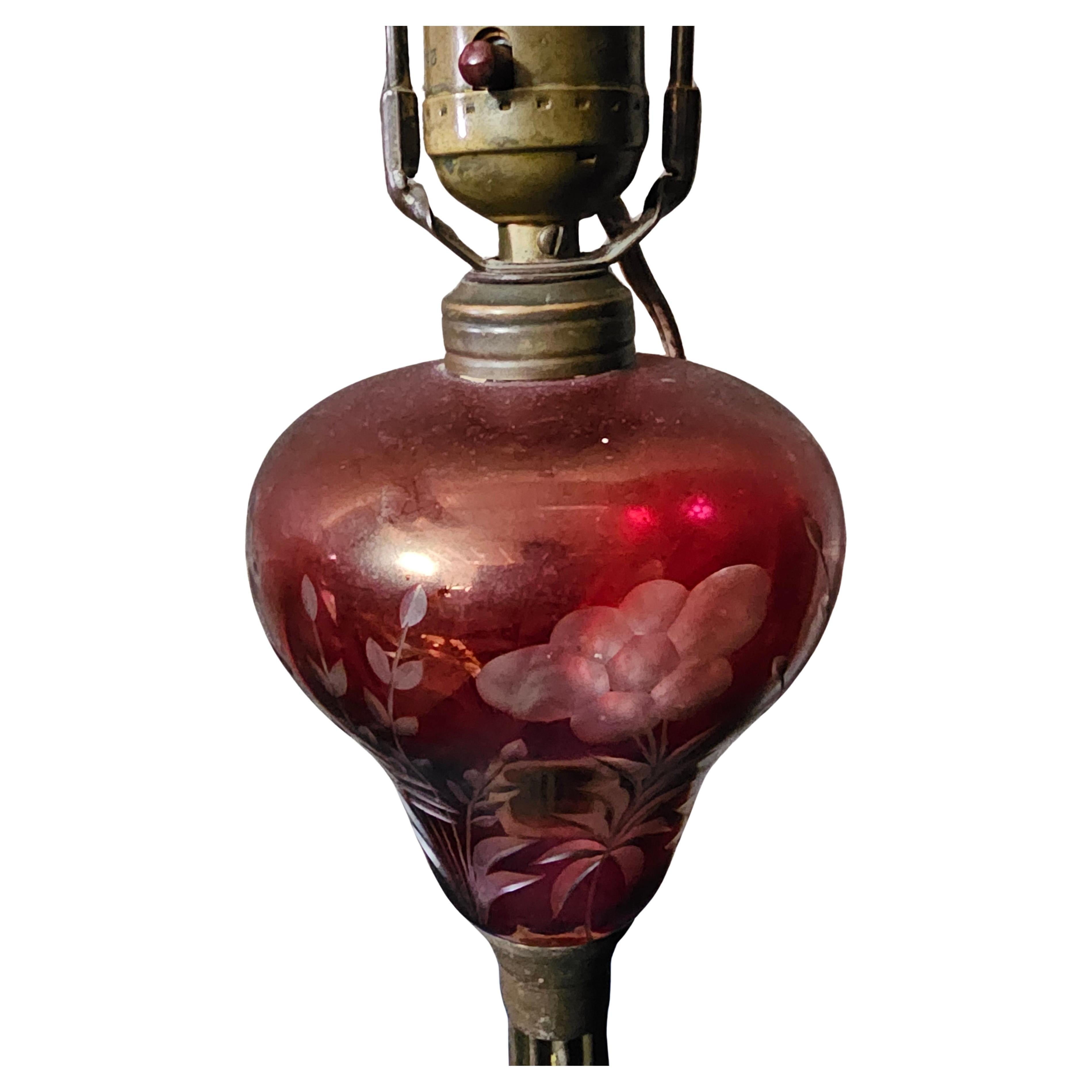 American Early 20th Century Marble and Cranberry Glass Table Lamp For Sale