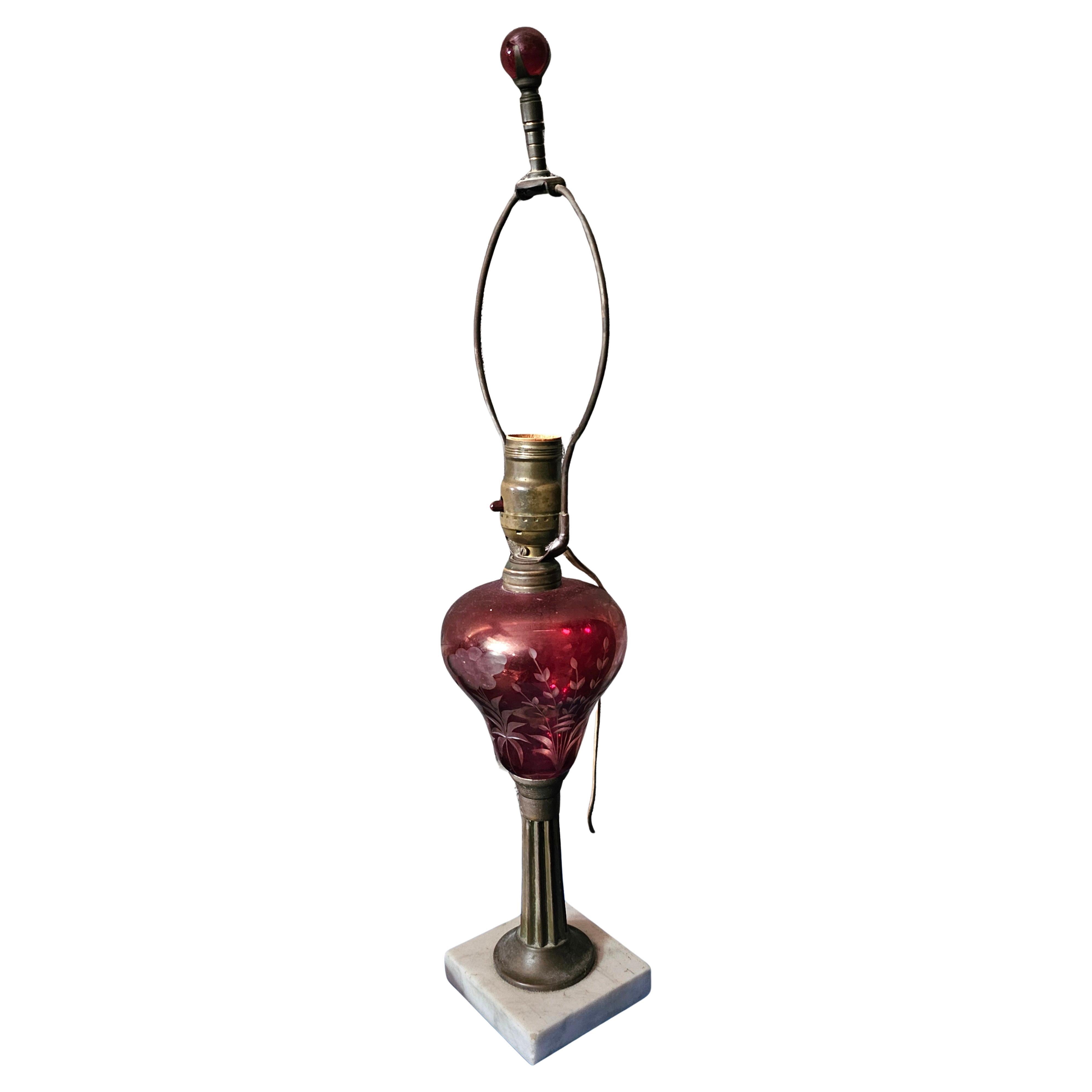 Early 20th Century Marble and Cranberry Glass Table Lamp In Good Condition For Sale In Germantown, MD