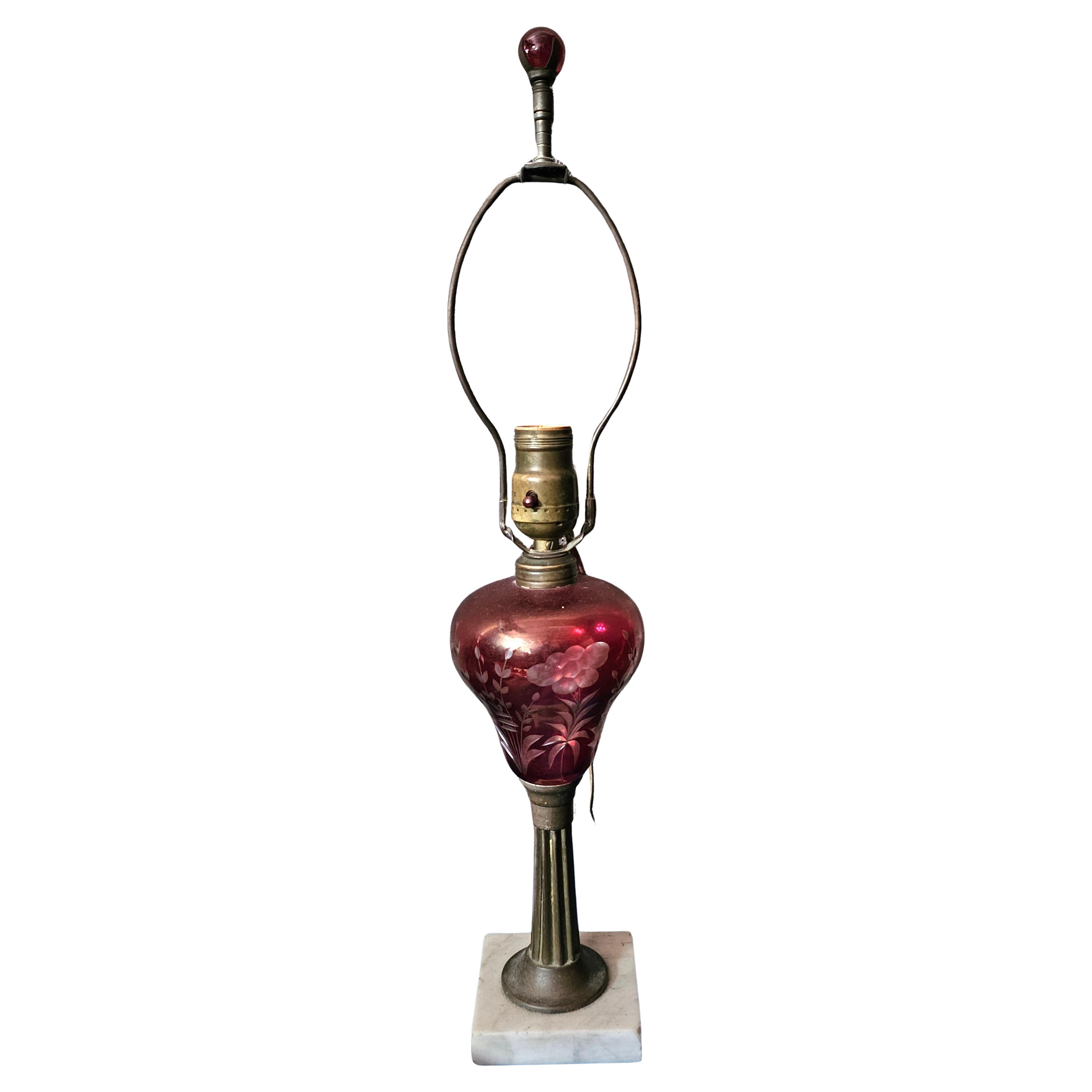 Early 20th Century Marble and Cranberry Glass Table Lamp For Sale