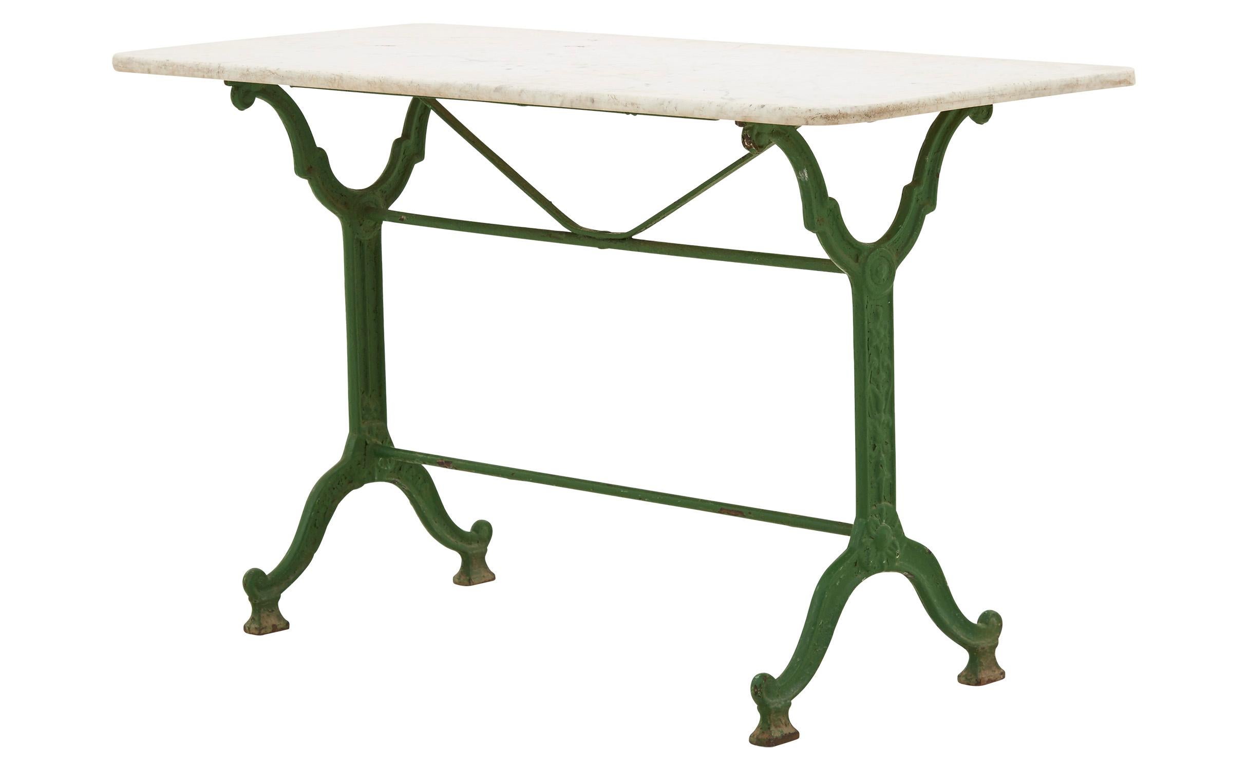 • Original marble top
• Painted iron base as found
• Early 20th century
• France
• Measures: 46.25