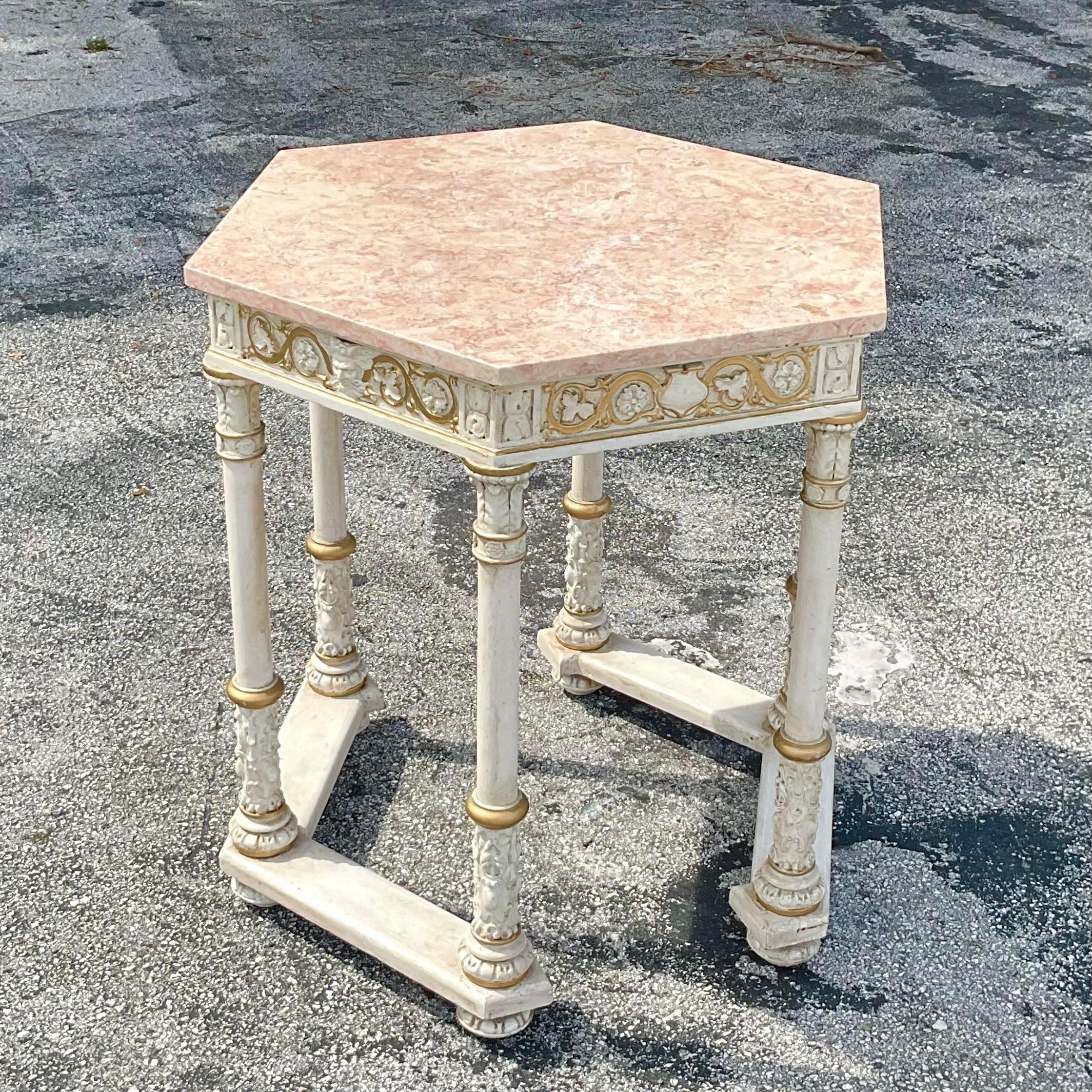 Egyptian Revival Early 20th Century Marble Top Gilt Painted Hexagon Center Table For Sale