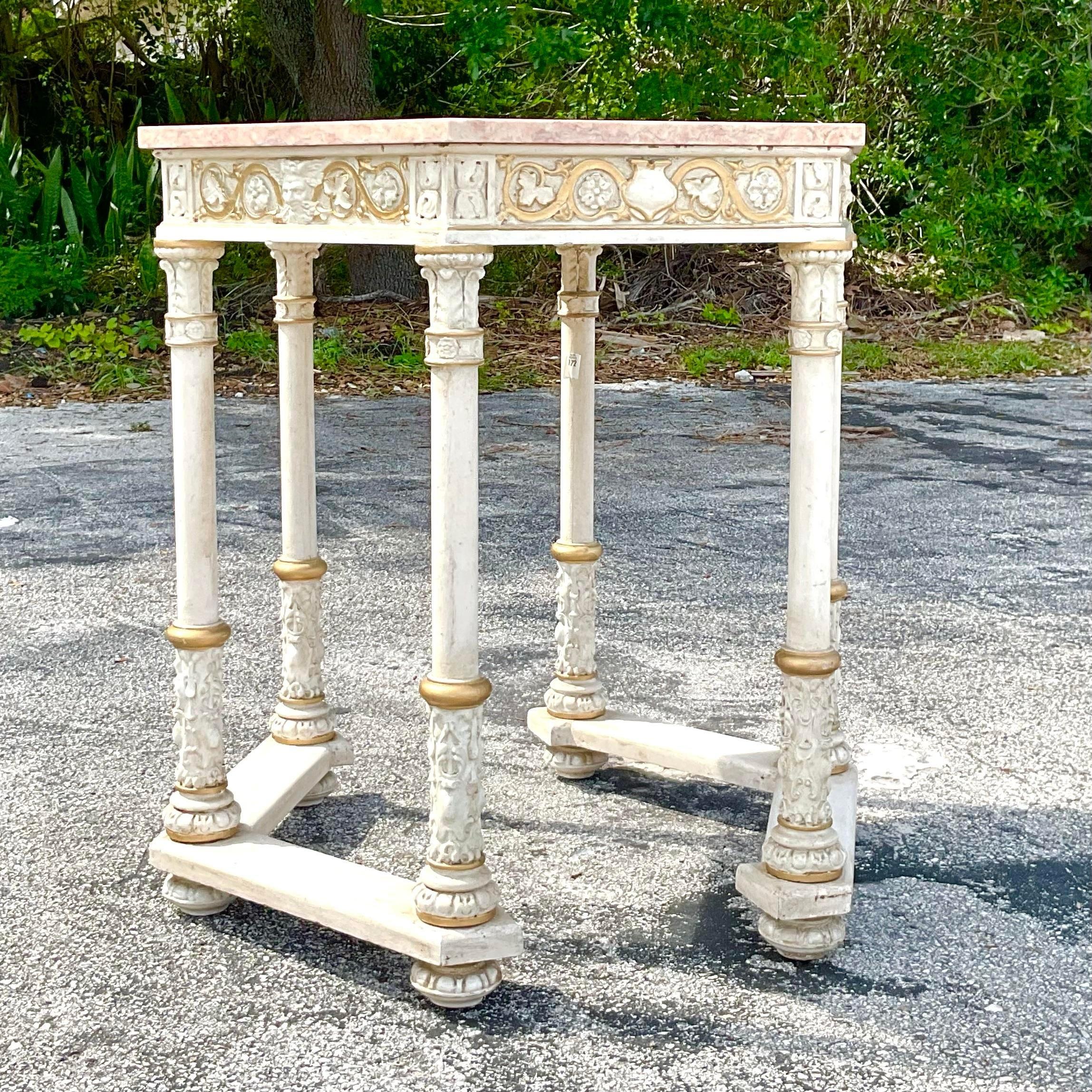 Early 20th Century Marble Top Gilt Painted Hexagon Center Table In Good Condition For Sale In west palm beach, FL